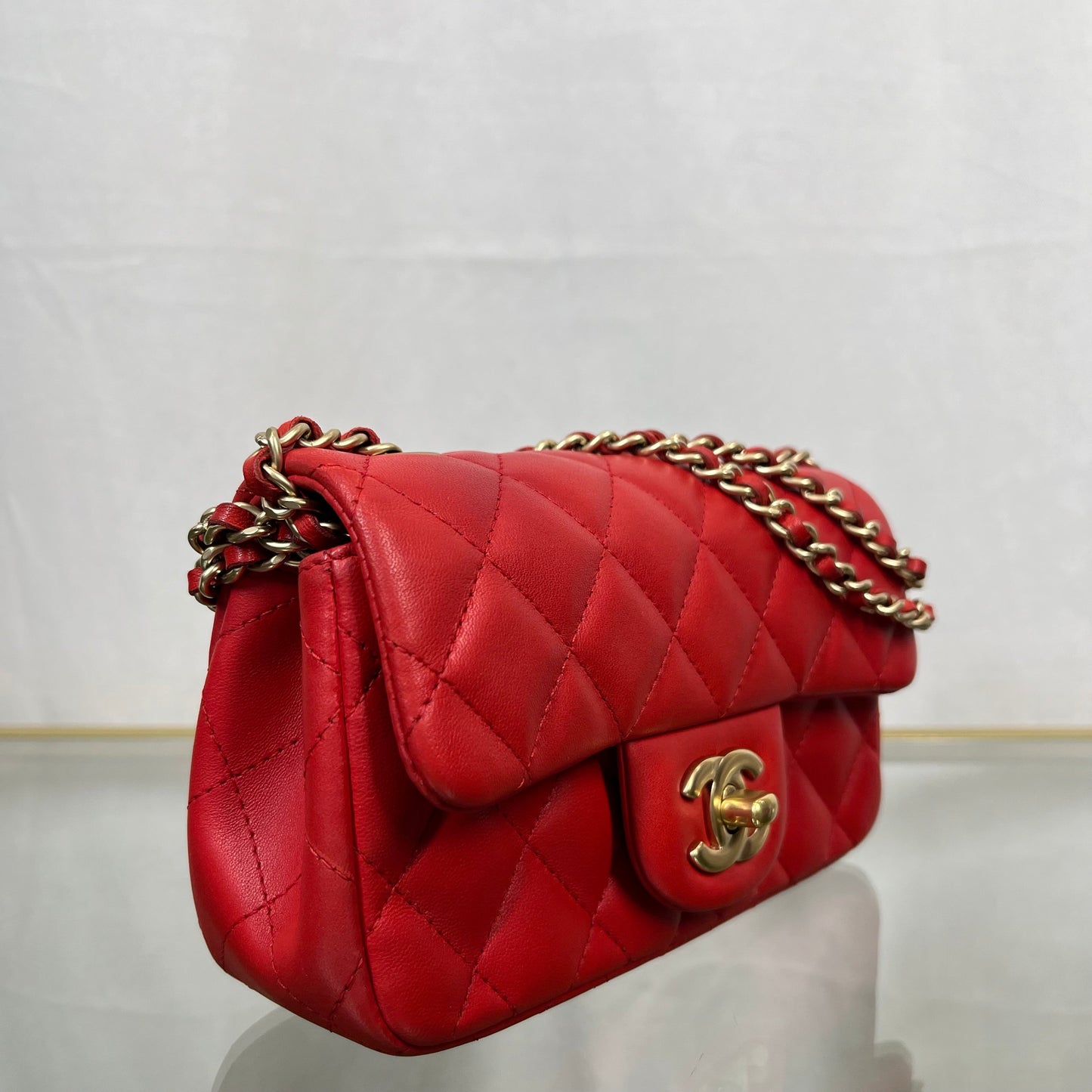 CHANEL Red Lambskin Mini Rectangle Shoulder Bag
