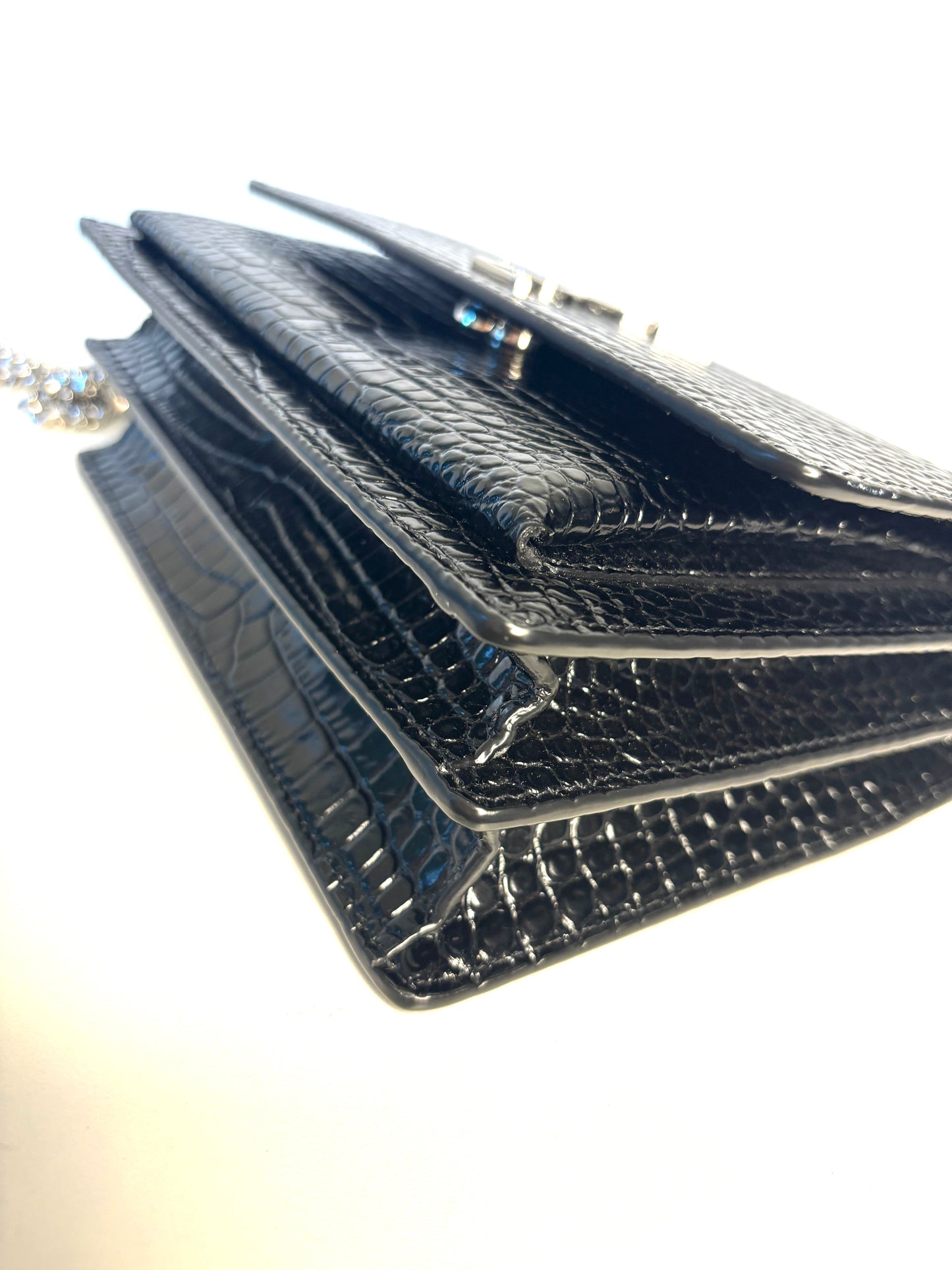 Saint Laurent Sunset Croc-Effect Black Medium Shoulder Bag - Preloved (Like New)