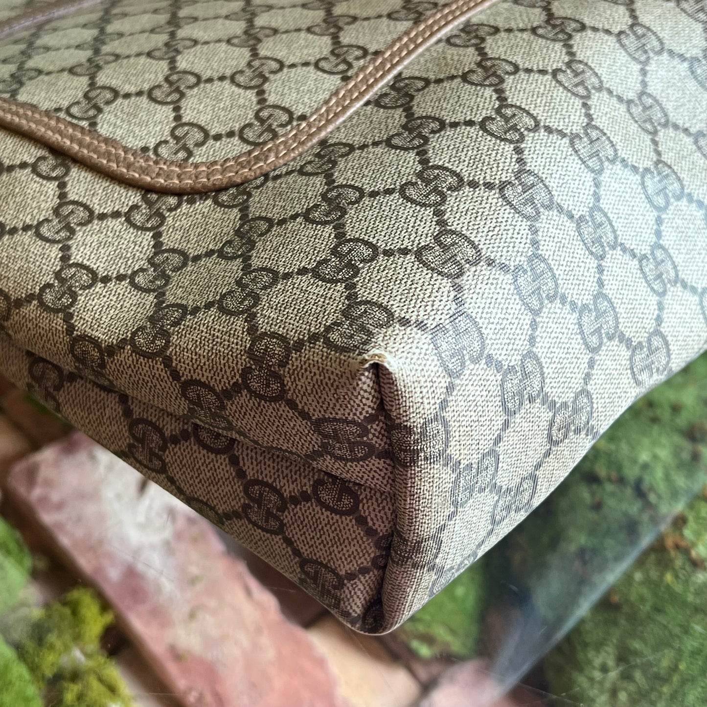 GUCCI Sherry Line Beige Brown GG Supreme Coated Canvas Vintage Web Tote Bag