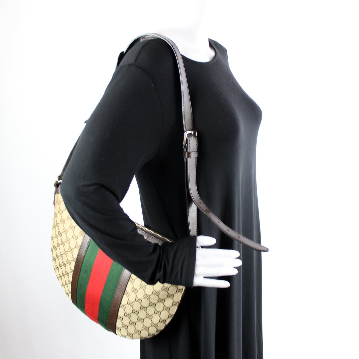 257082 GG Canvas Web Half Moon Hobo