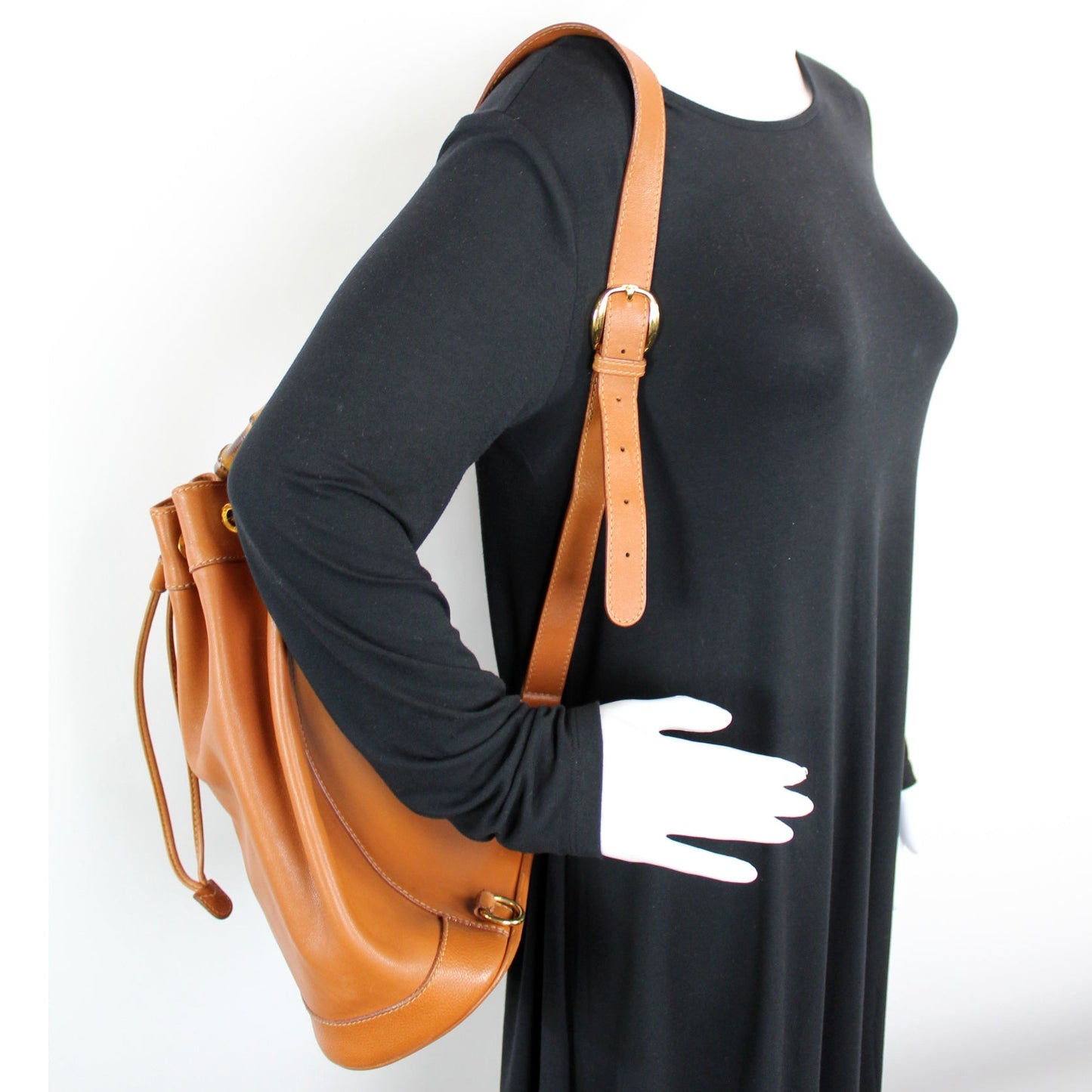 003-113 Bamboo Leather Drawstring Sling Bag Vintage