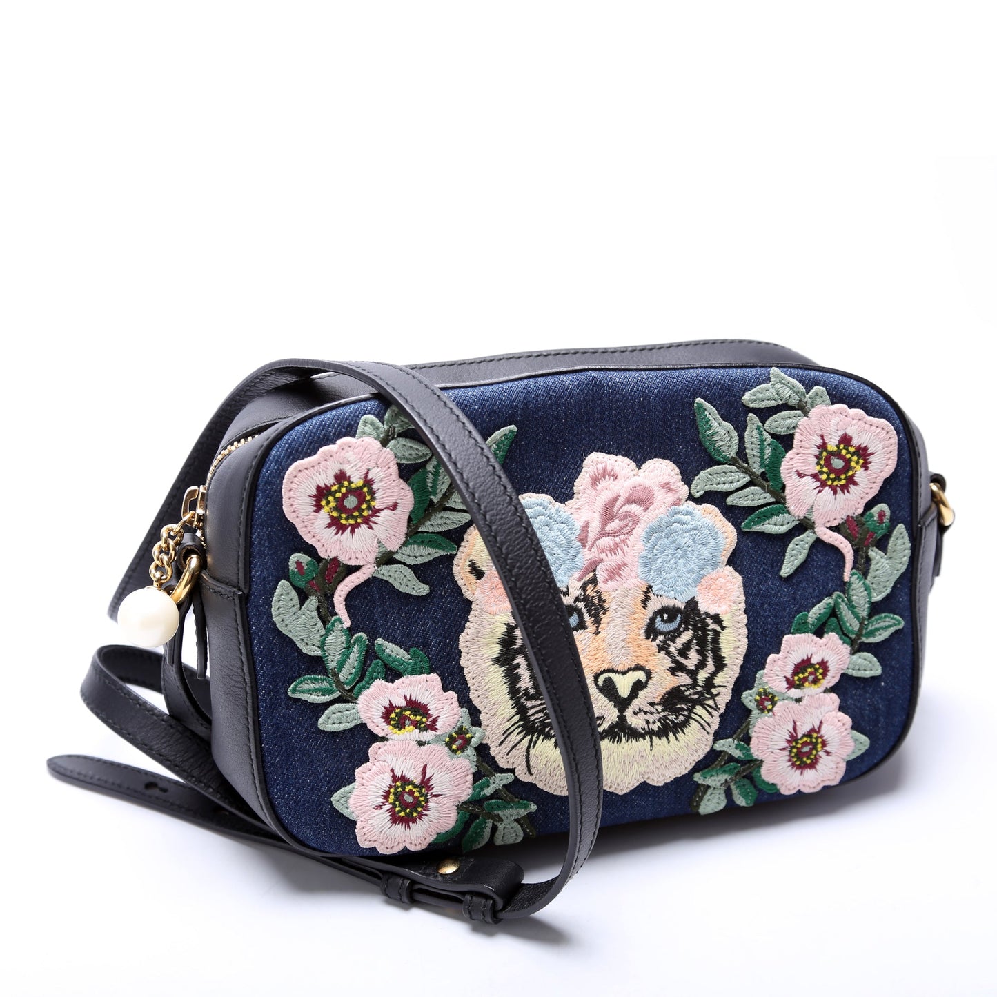456547 Embroidered Denim Camera Bag