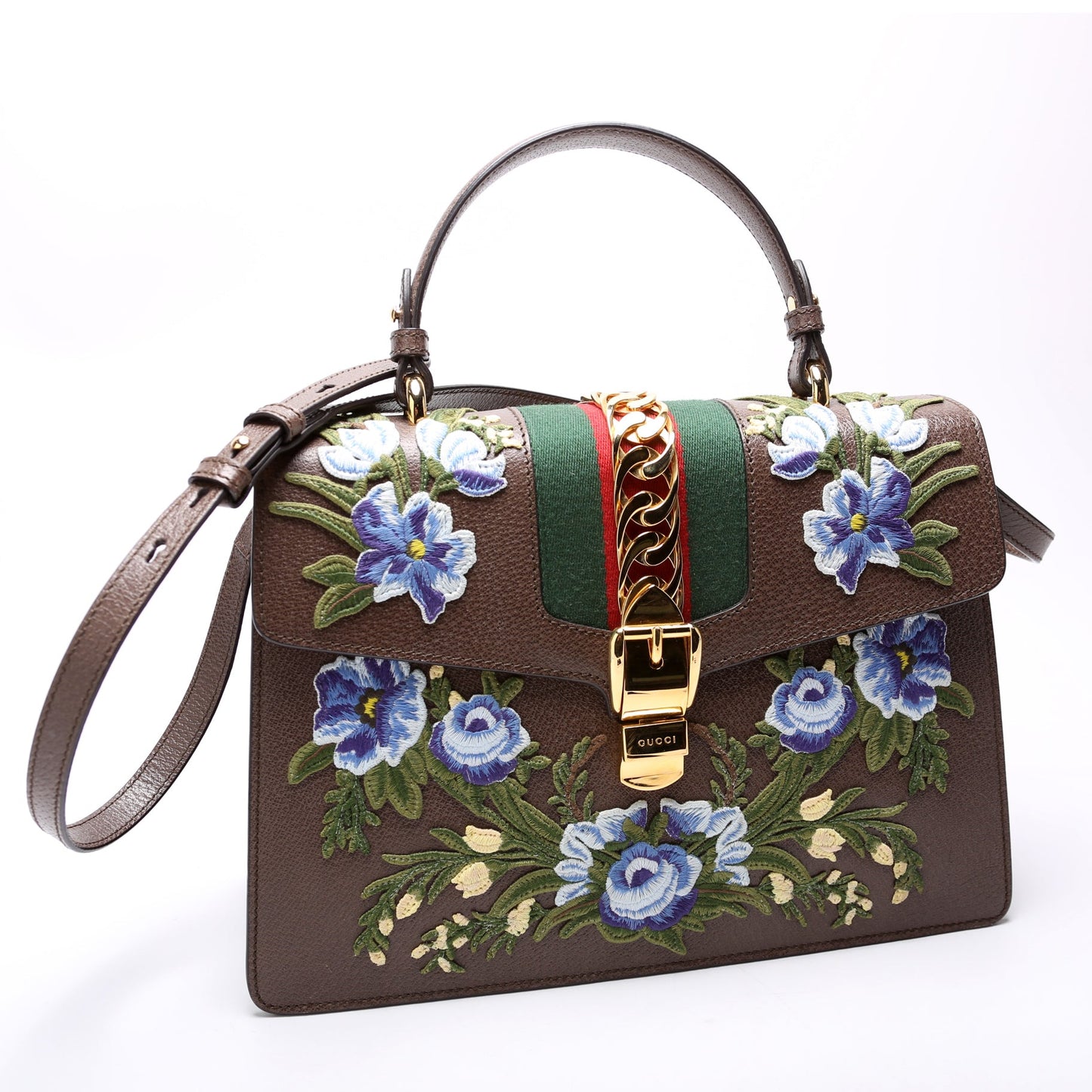431665 Sylvie Top Handle Embroidered Calfskin Medium Brown