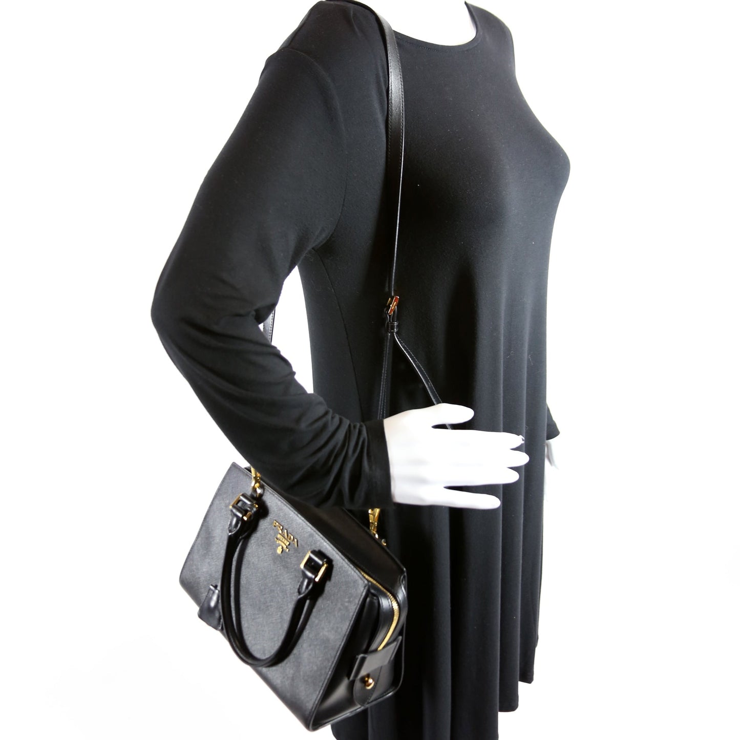 1BA164 Saffiano/Soft Calfskin Small Top Handle Bag Black