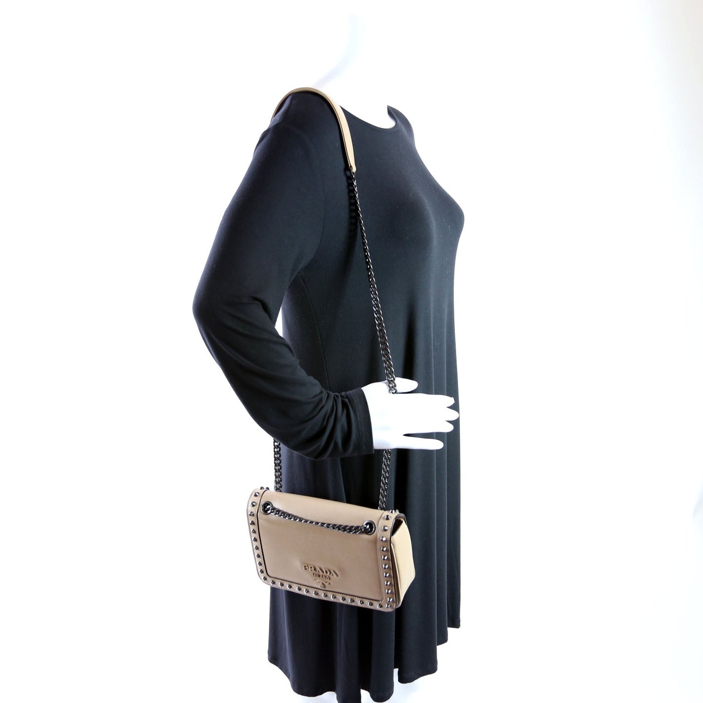 Glace Calfskin Studded Crossbody Tan