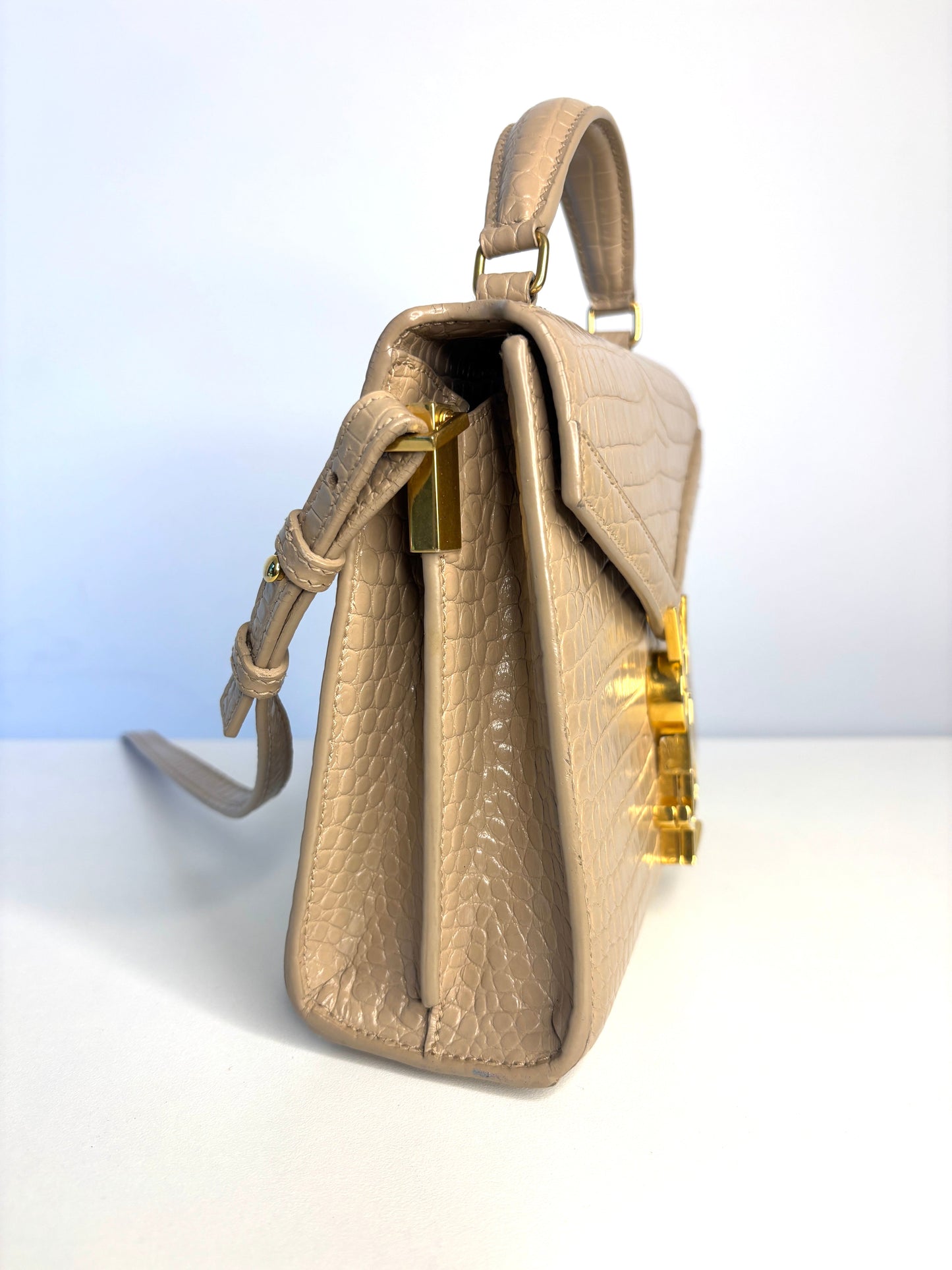 Saint Laurent YSL Crocodile Embossed Mini Classic Monogram Cassandra Nude Top Handle Bag Preloved