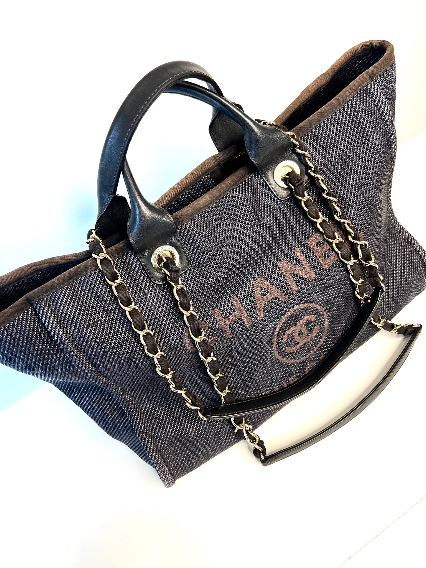 Chanel Deauville Medium Tote Navy Blue Denim Shopping Bag - Preloved