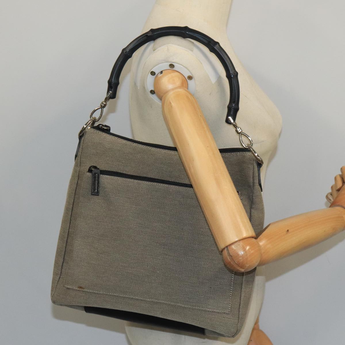 Gucci Bamboo Beige Canvas Shoulder Bag