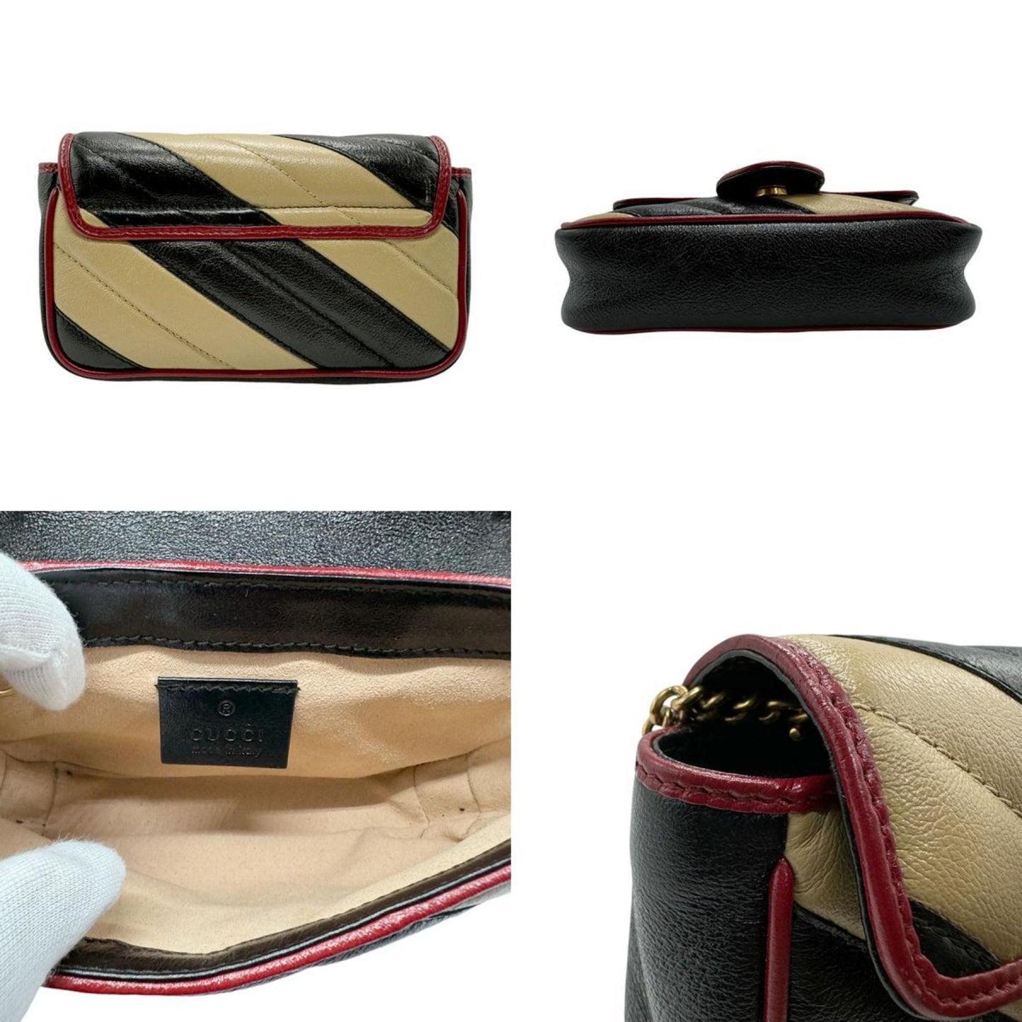 Gucci Beige Black Burgundy Leather Shoulder Bag