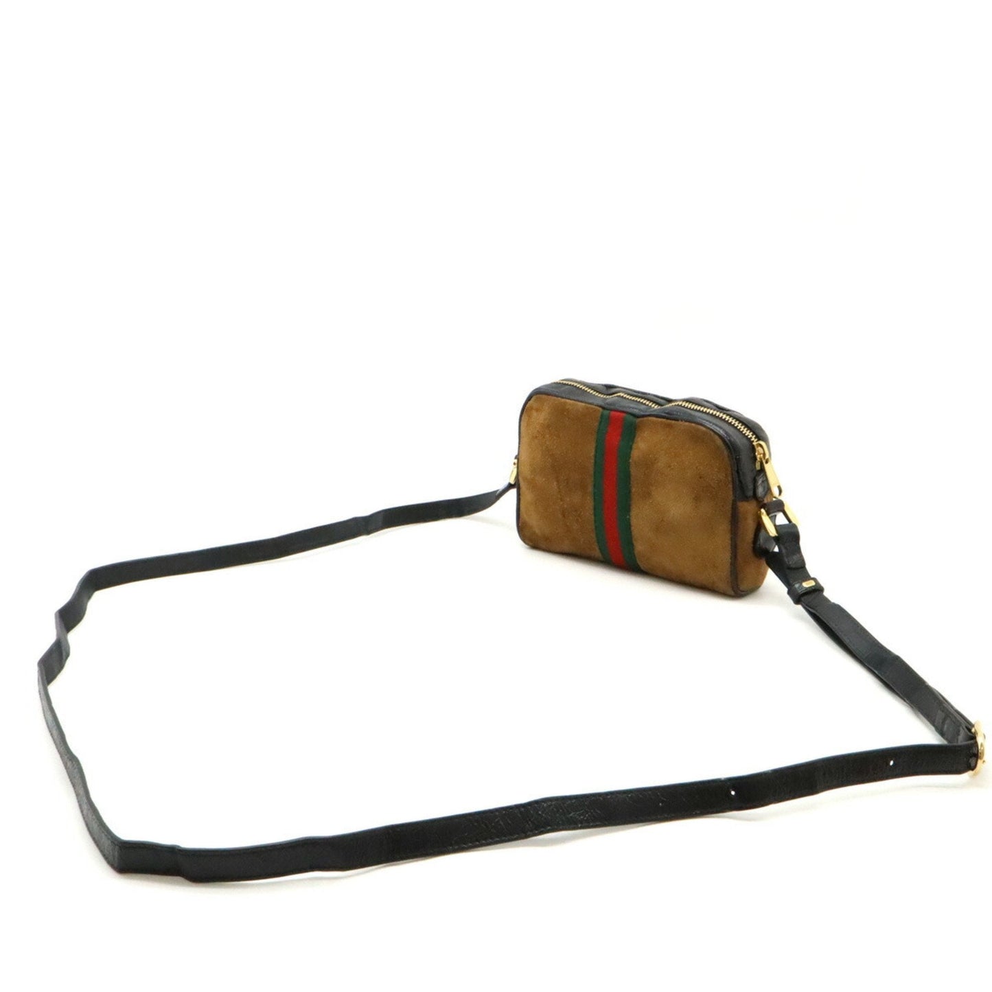 Gucci Sherry Line Black Brown Suede Patent Leather Pochette Shoulder Bag