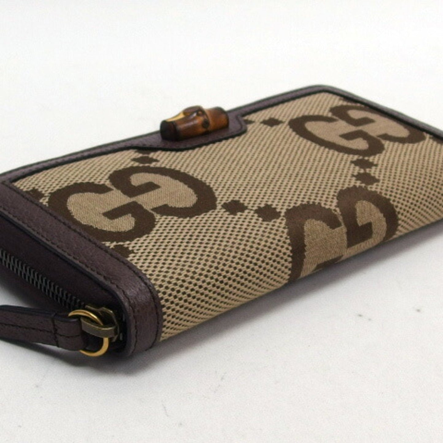 Gucci Beige Dark Brown Canvas Leather Long Wallet (Bi-Fold)