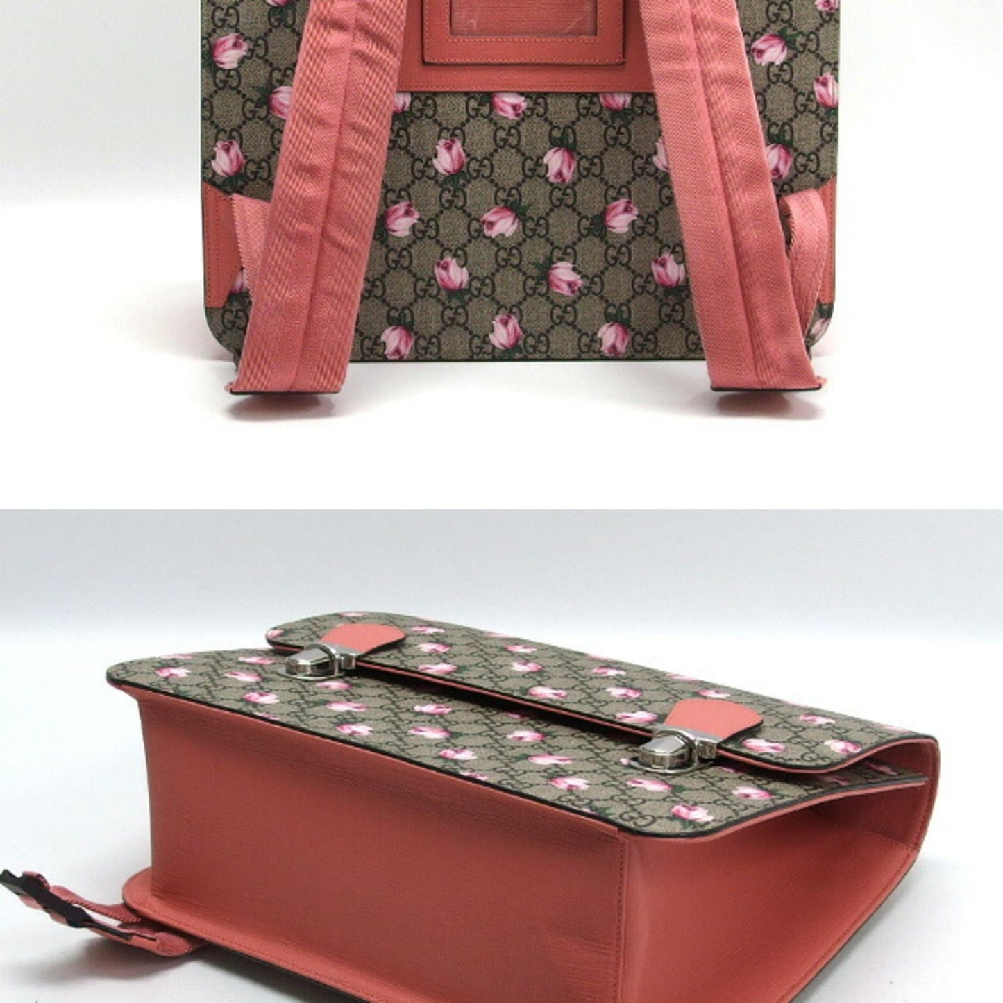 Gucci Beige Pink Green Pink Coated Canvas Leather Backpack