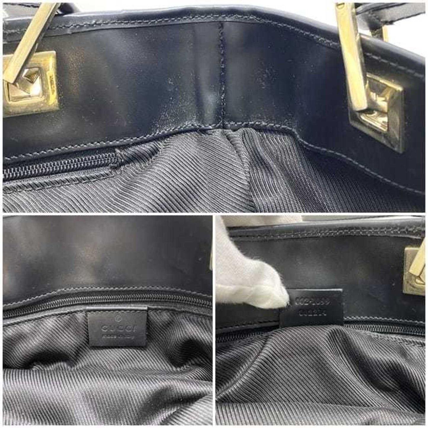Gucci Black Gold Canvas Leather Handbag Tote Bag
