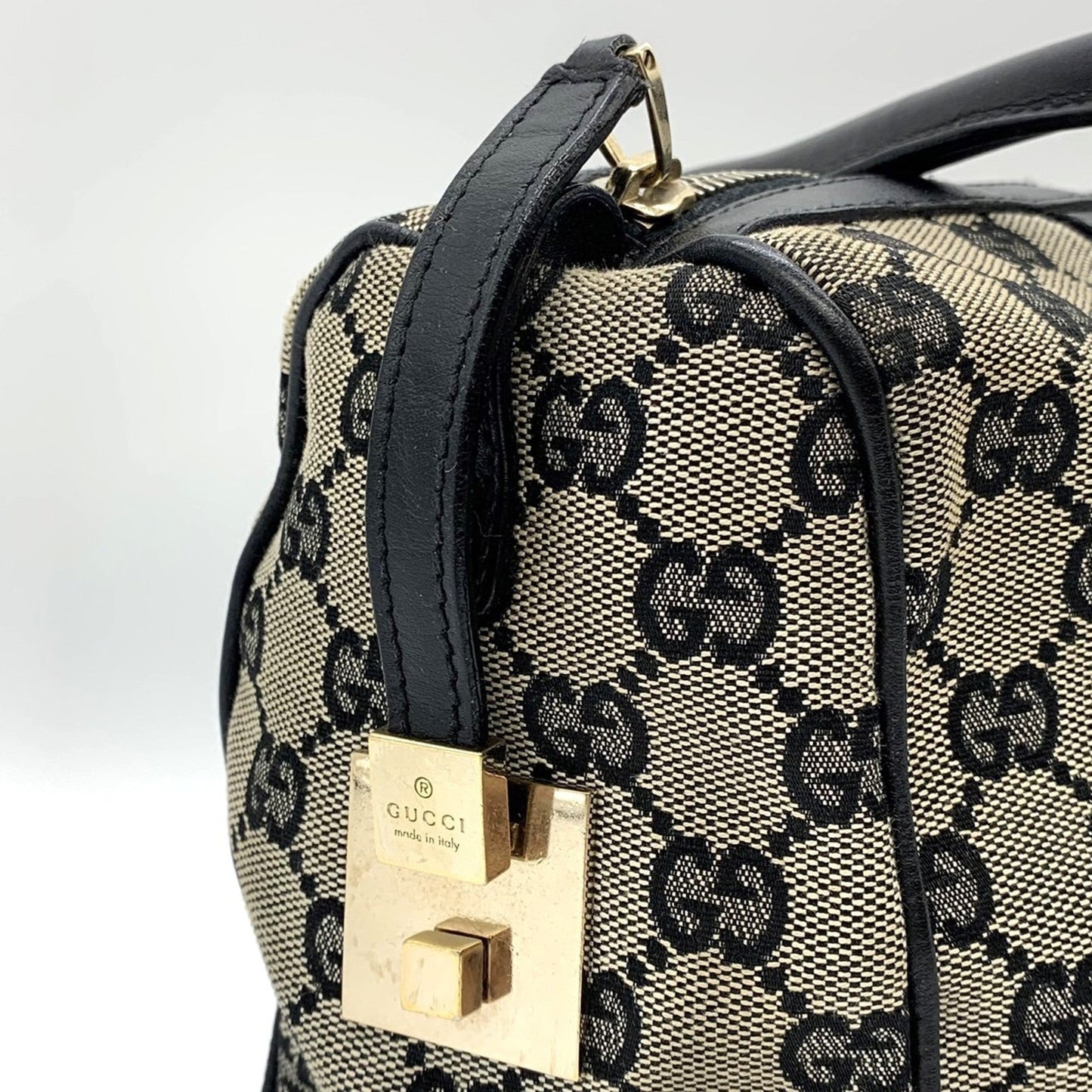 Gucci Black Gg Canvas Leather Boston Bag Handbag