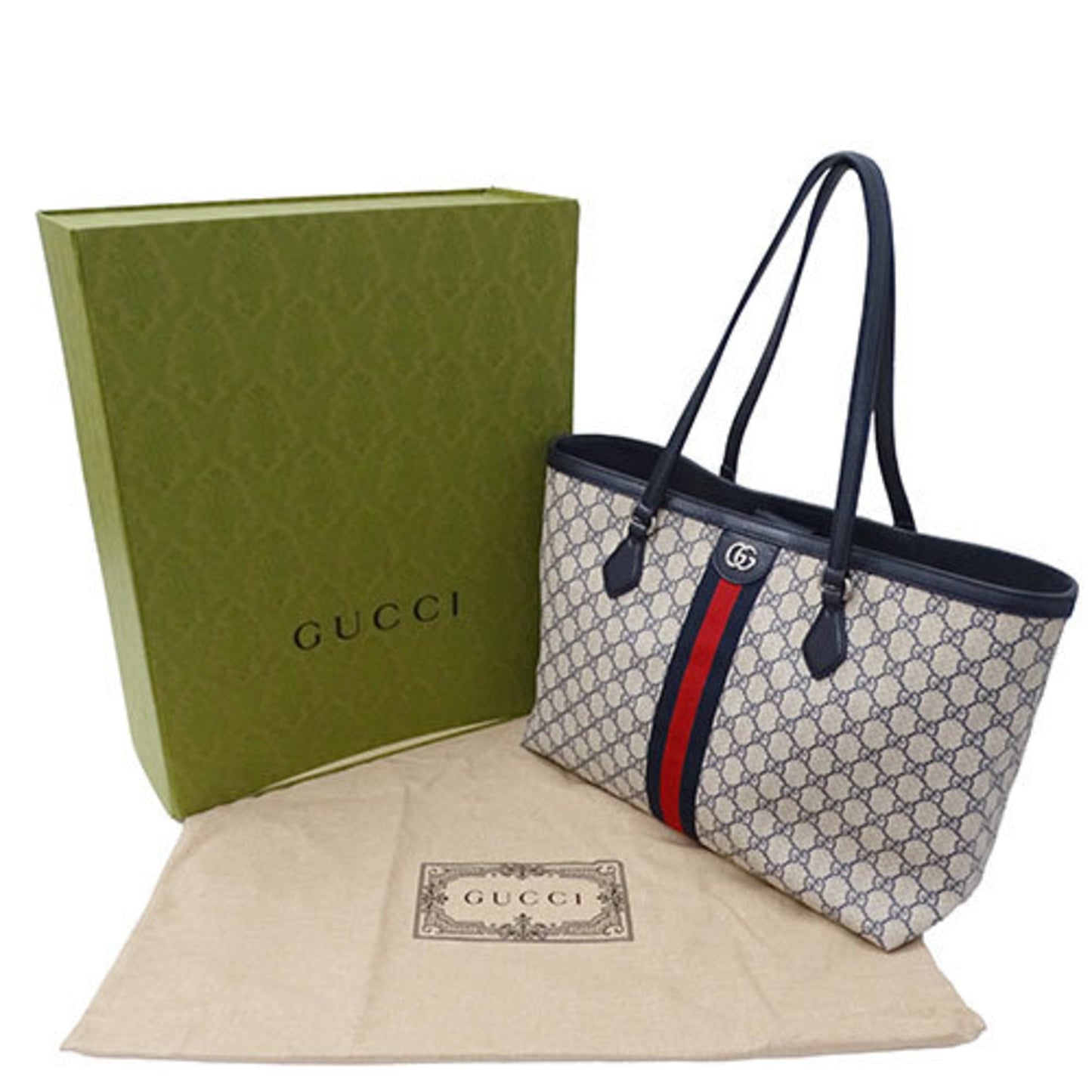 Gucci Ivory Navy Gg Supreme Tote Bag