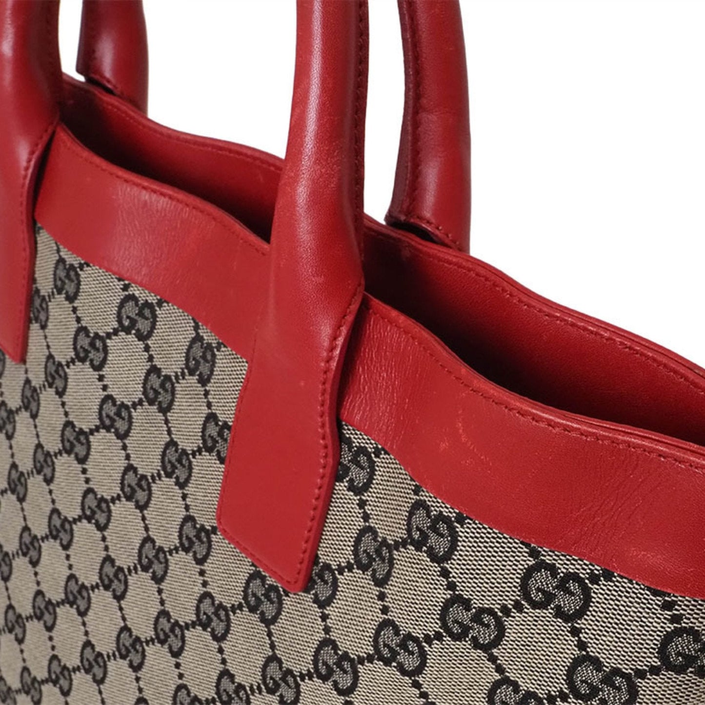 Gucci Gg Canvas Beige Red Color Canvas Leather Handbag Tote Bag