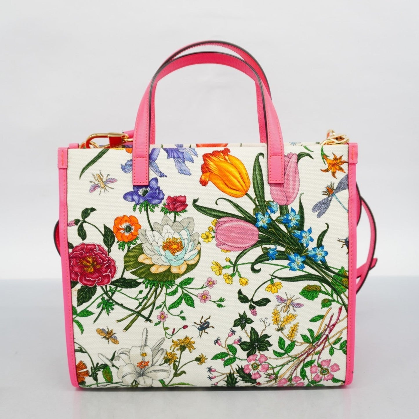 Gucci Pink White Canvas Leather Tote Bag