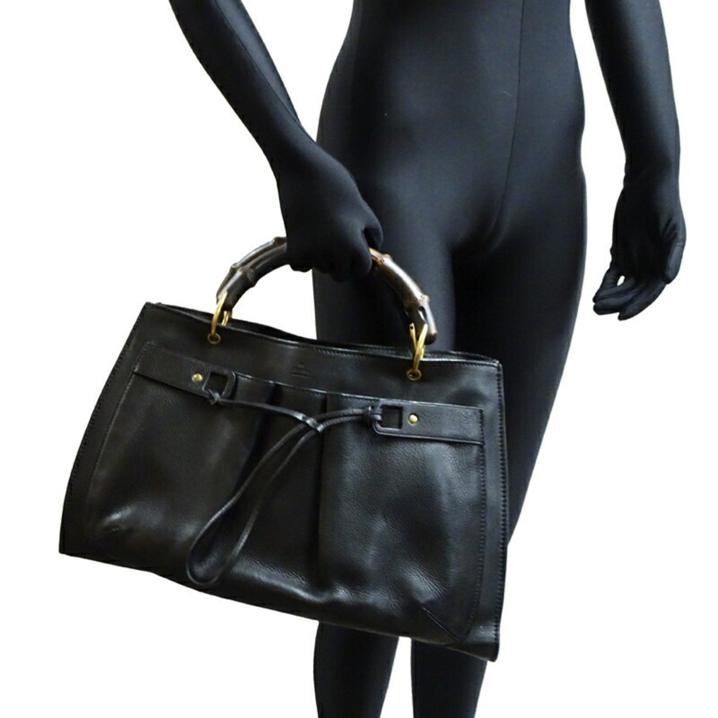 Gucci Black Bamboo Leather Handbag Tote Bag