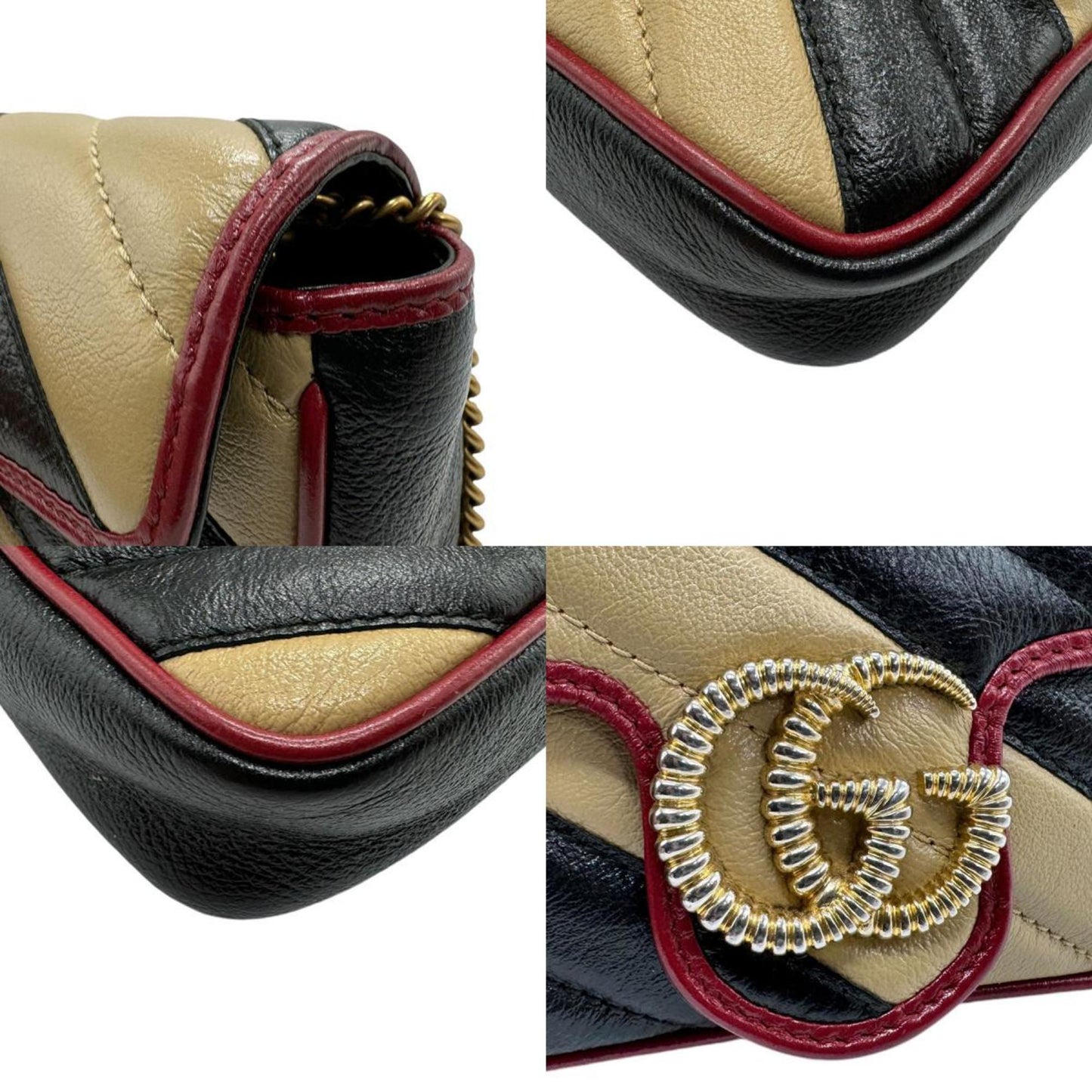 Gucci Beige Black Burgundy Leather Shoulder Bag
