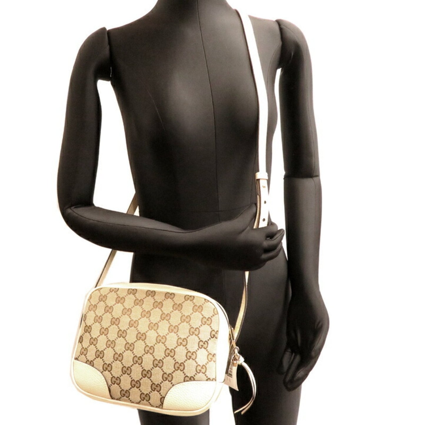 Gucci Beige White Leather Gg Canvas Shoulder Bag