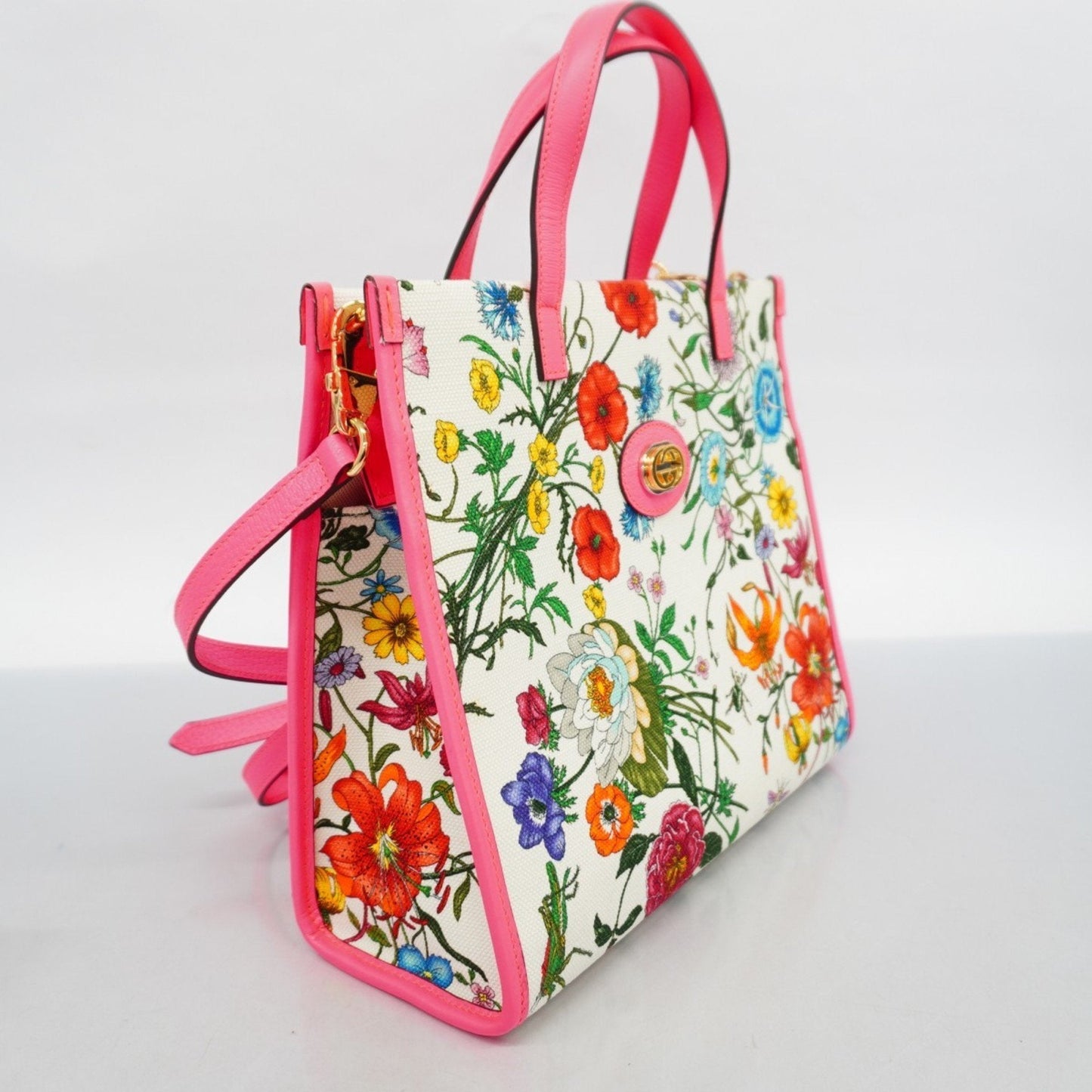 Gucci Pink White Canvas Leather Tote Bag