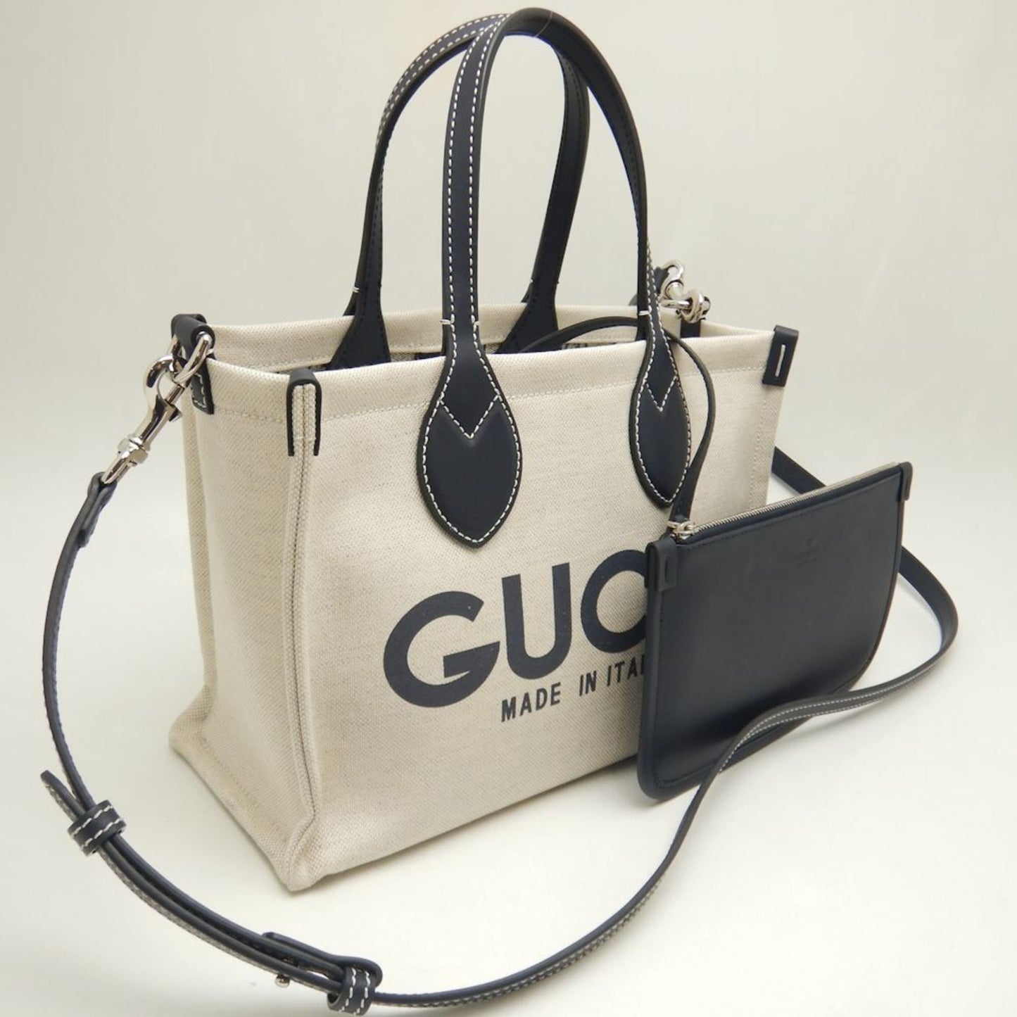 Gucci Beige Navy Canvas Tote Bag