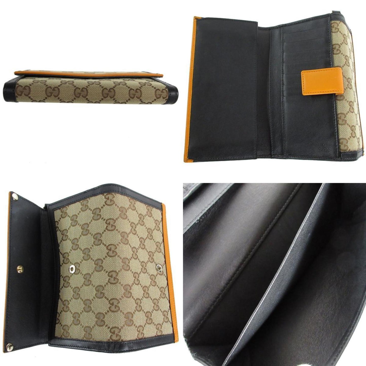 Gucci Black Brown Orange Gg Canvas Leather Long Wallet (Bi-Fold)
