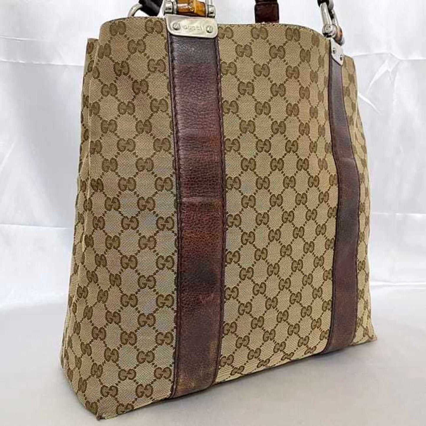 Gucci Beige Brown Canvas Leather Tote Bag