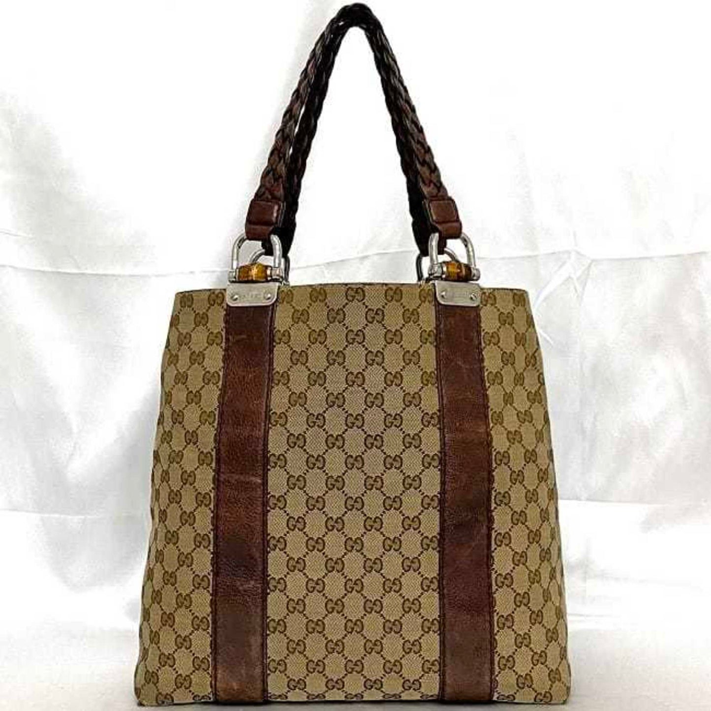 Gucci Beige Brown Canvas Leather Tote Bag