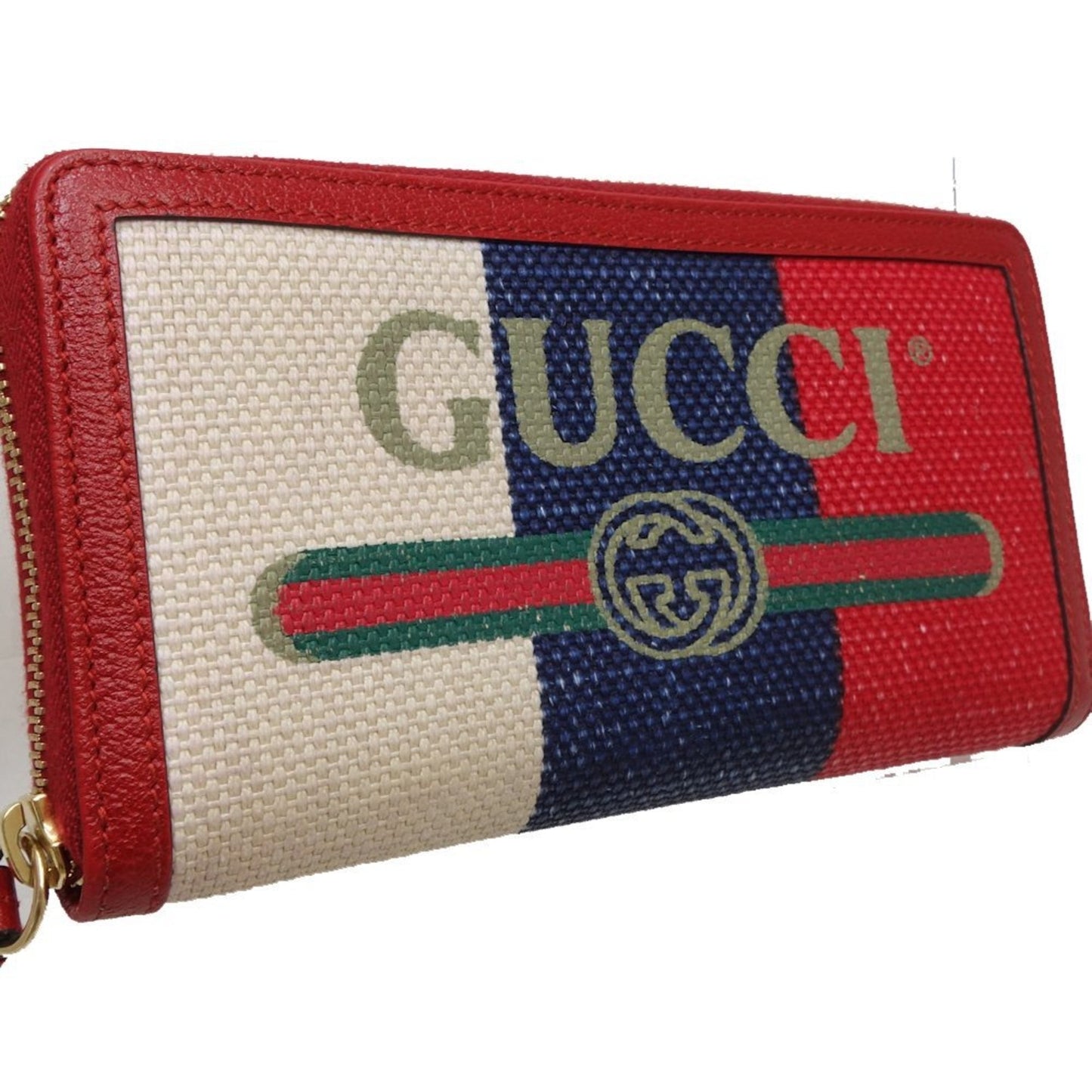 Gucci Blue Red Color White Canvas Leather Wallet (Bi-Fold)