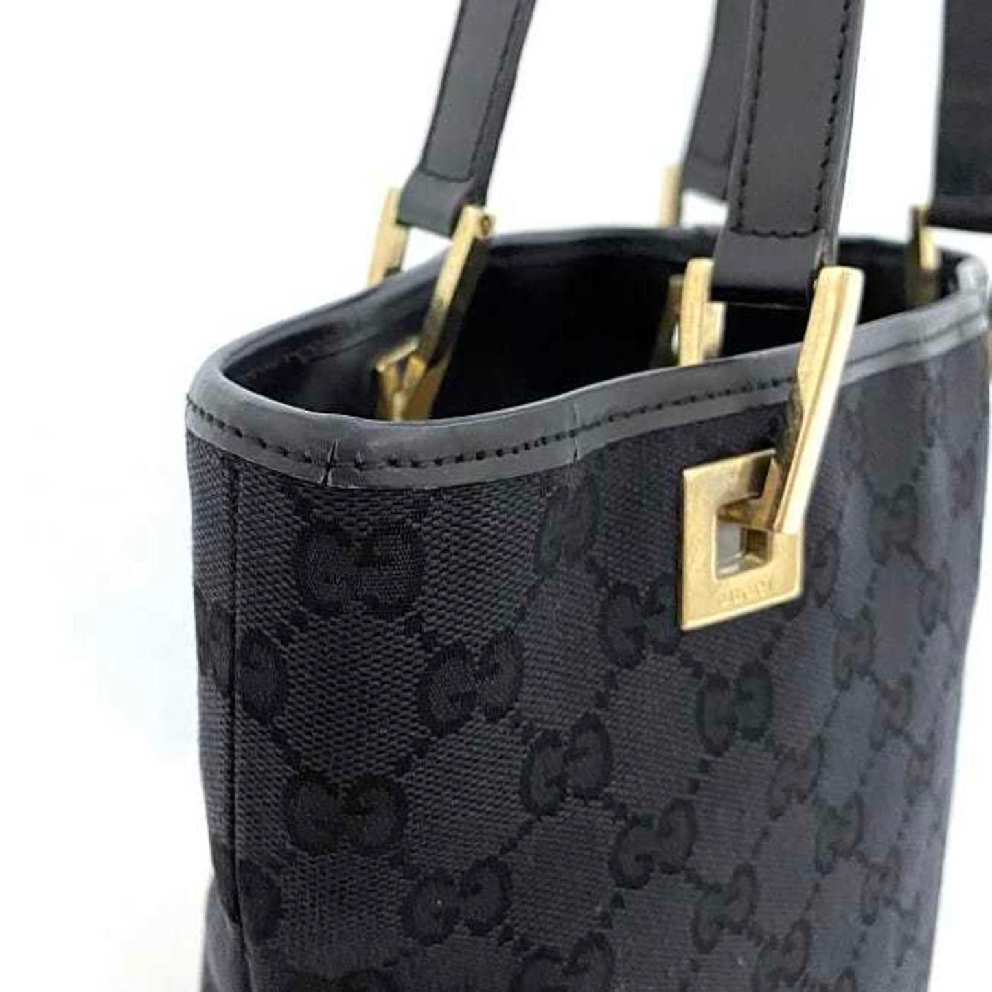 Gucci Black Gold Canvas Leather Handbag Tote Bag