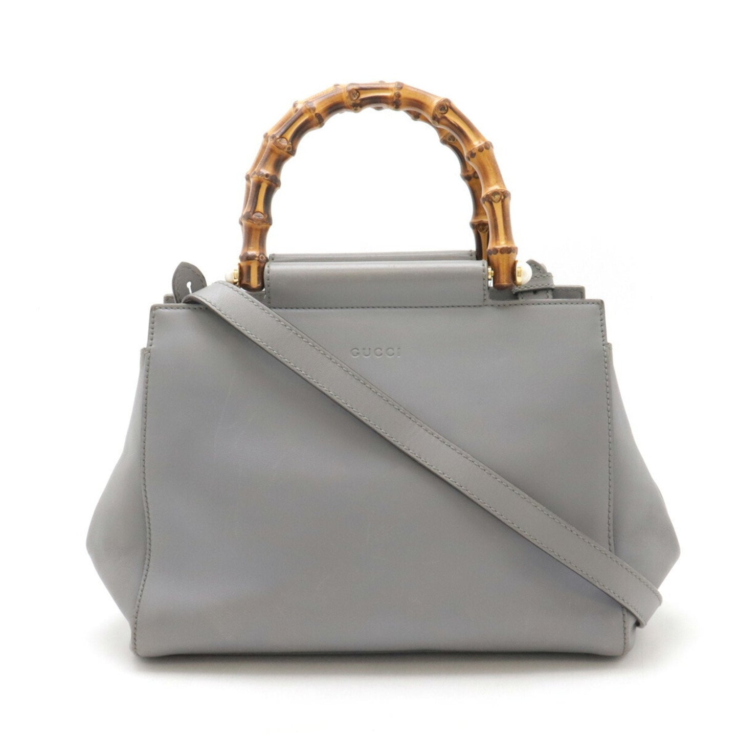 Gucci Bamboo Gray Bamboo Leather Artificial Pearl Handbag Shoulder Bag ()