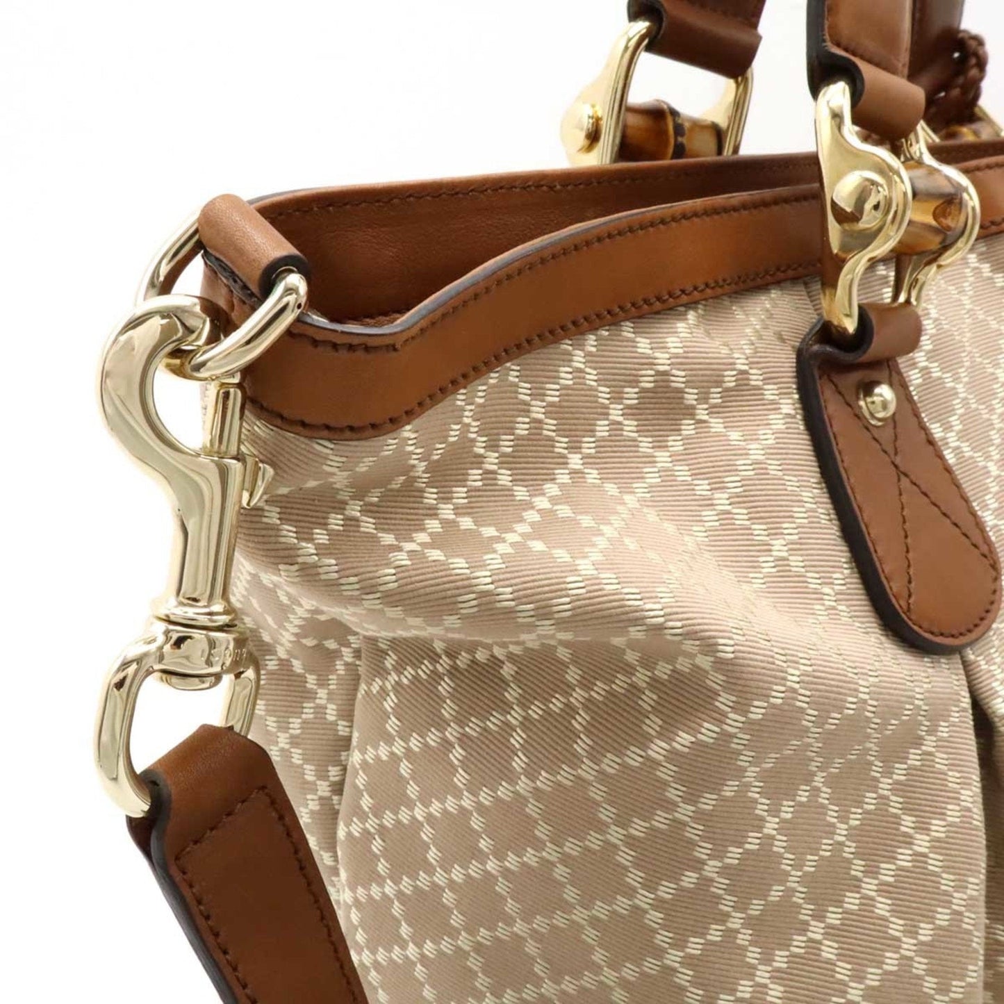 Gucci Beige Brown Bamboo Canvas Leather Shoulder Bag Tote Bag