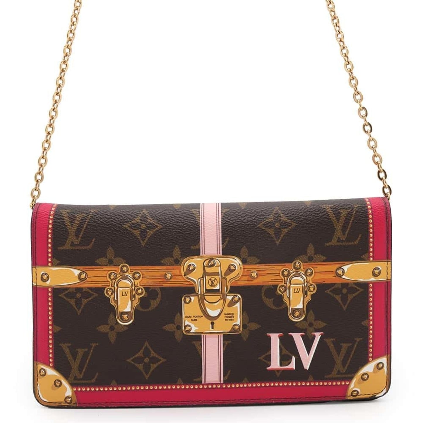 Louis Vuitton Brown Fuchsia Pink Monogram Chain/Shoulder Wallet