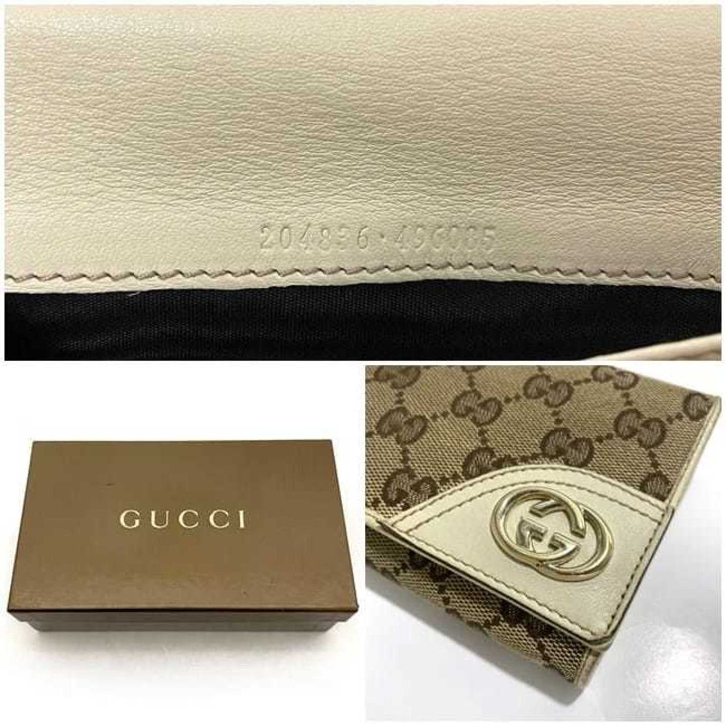 Gucci Beige Brown White Canvas Long Wallet (Bi-Fold)