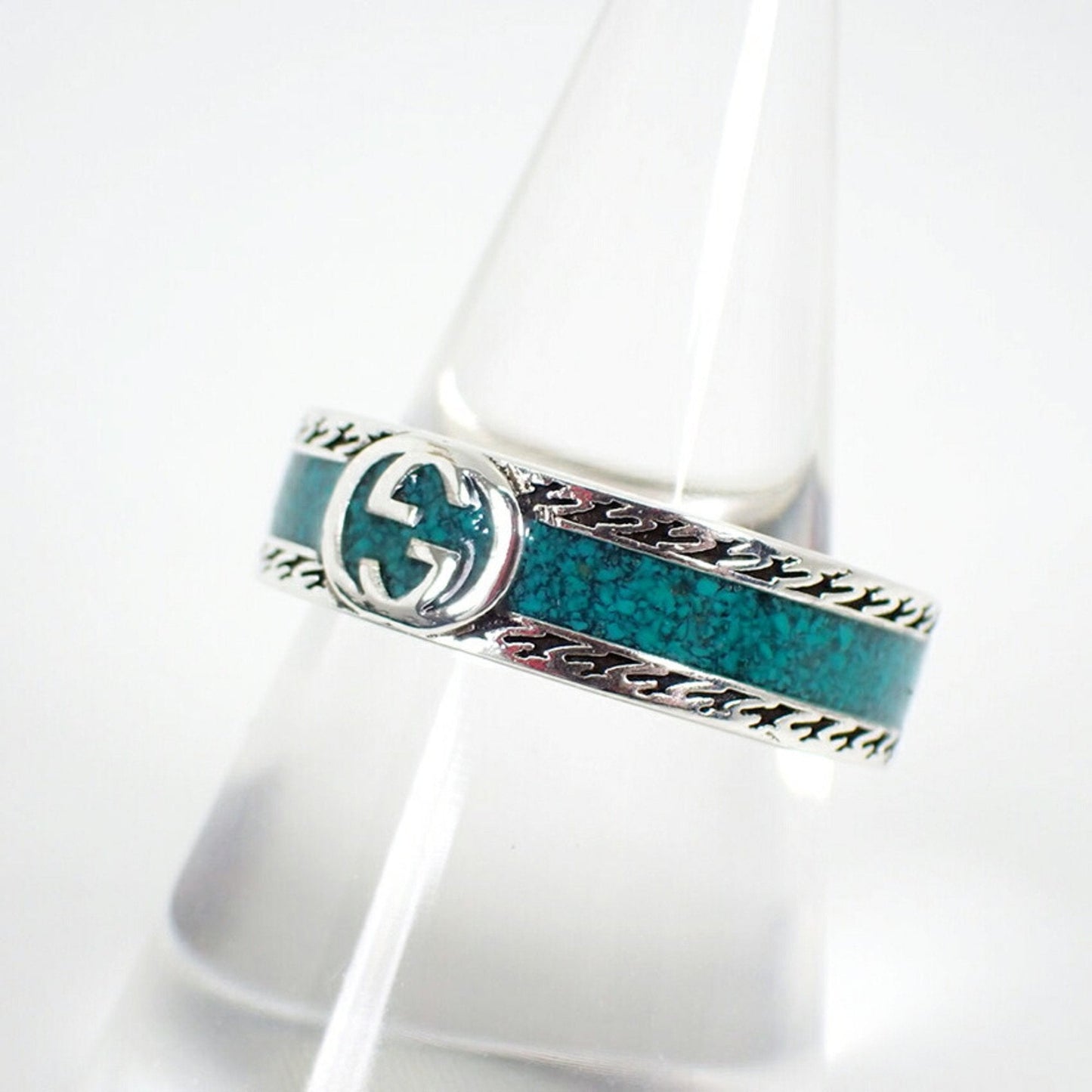 Gucci Silver Turquoise Enamel Sterling Silver 925 Band Ring