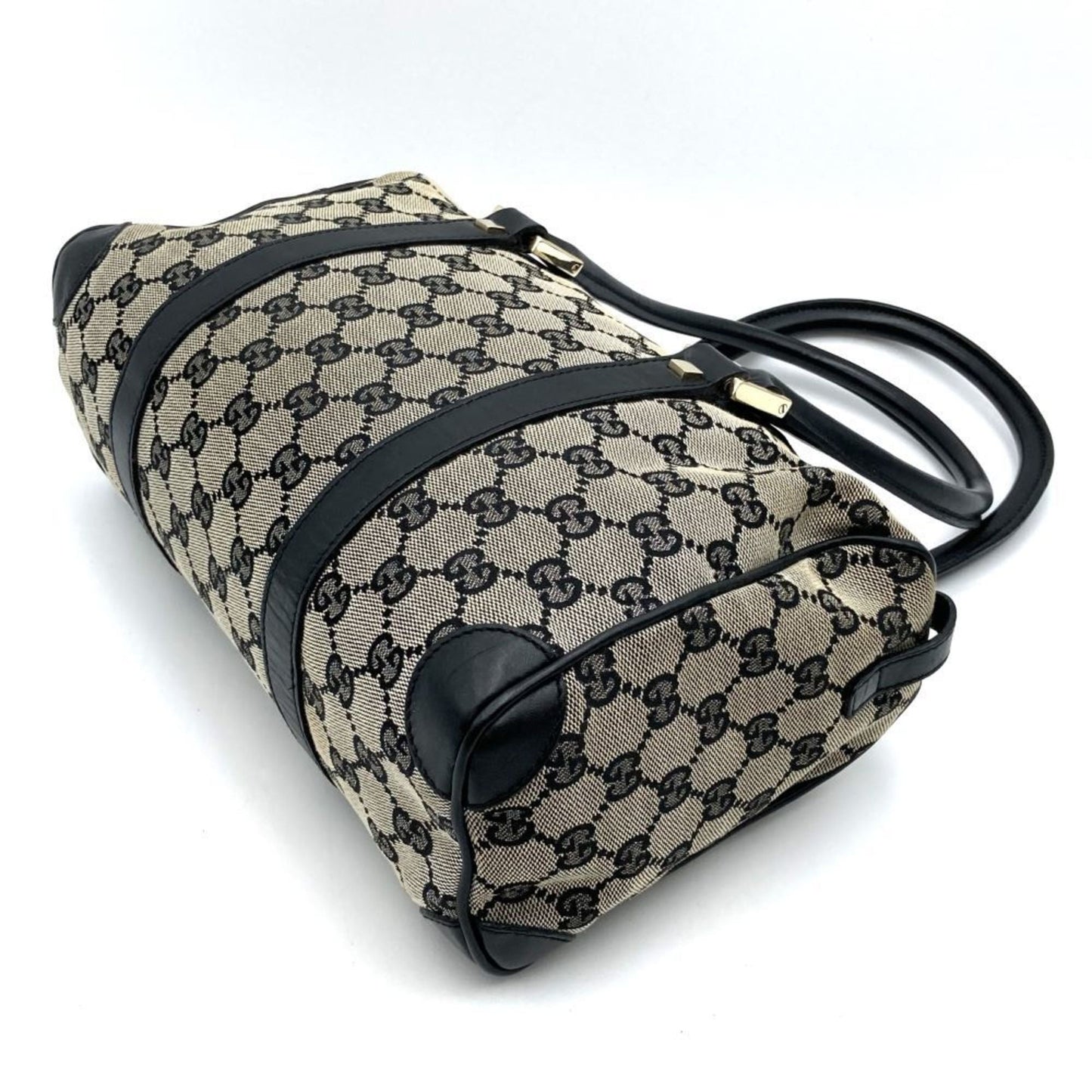 Gucci Black Gg Canvas Leather Boston Bag Handbag