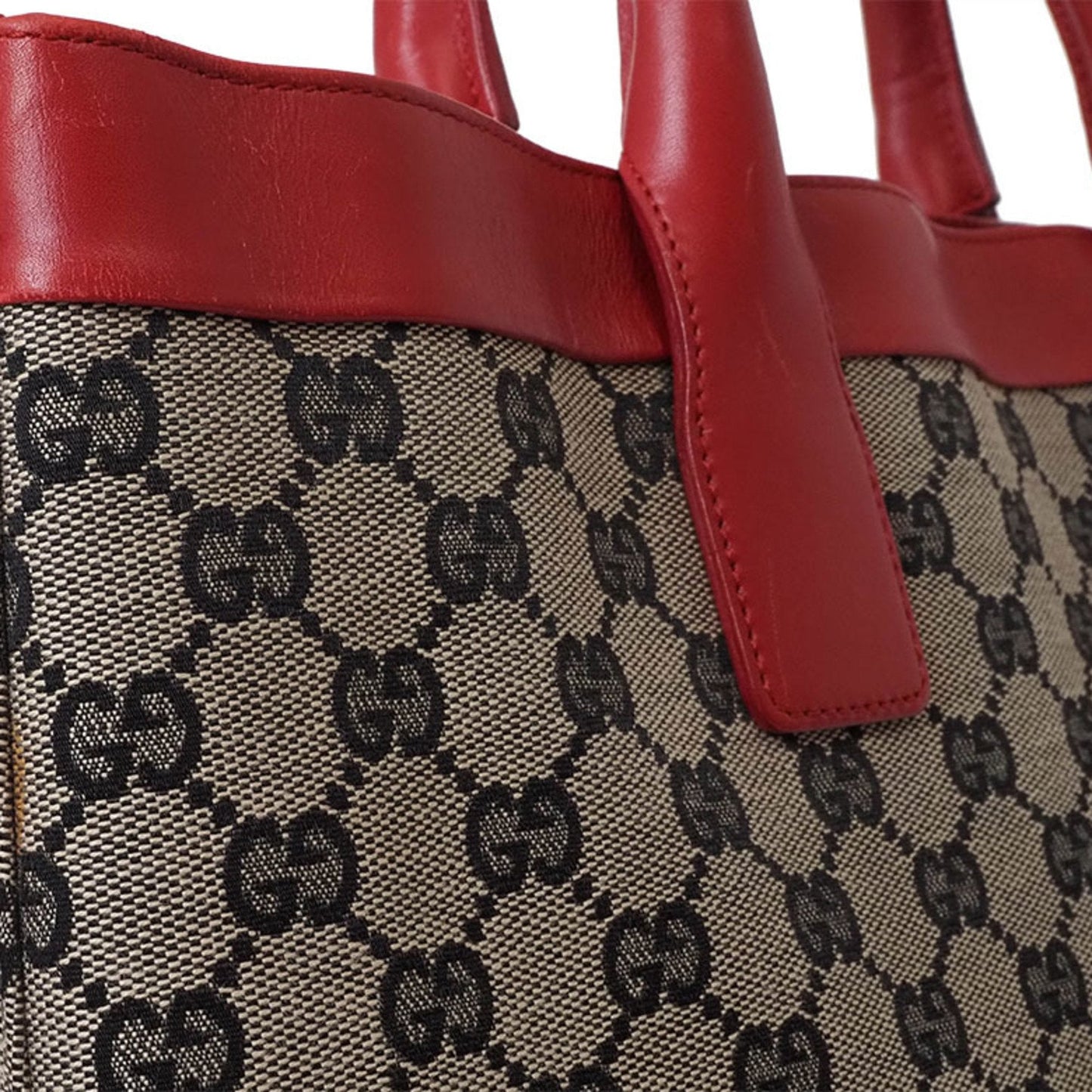 Gucci Gg Canvas Beige Red Color Canvas Leather Handbag Tote Bag