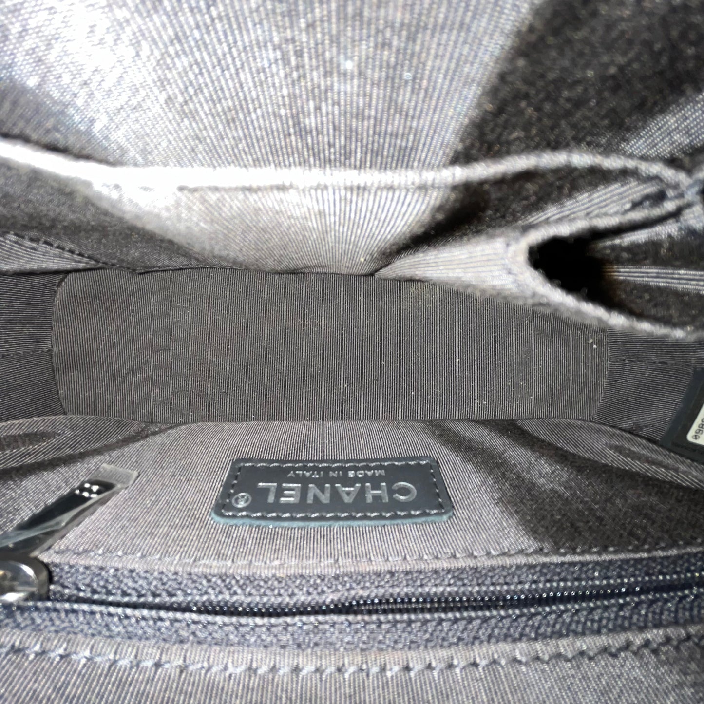CHANEL Gabrielle Small Metallic Grey Chevron Caviar Leather Shoulder Bag