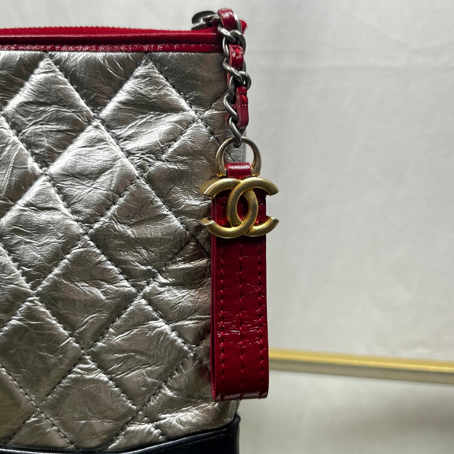 CHANEL Gabrielle Medium Navy Blue Silver Red Aged Calfskin Quilted Cosmetic Case Clutch TS3711