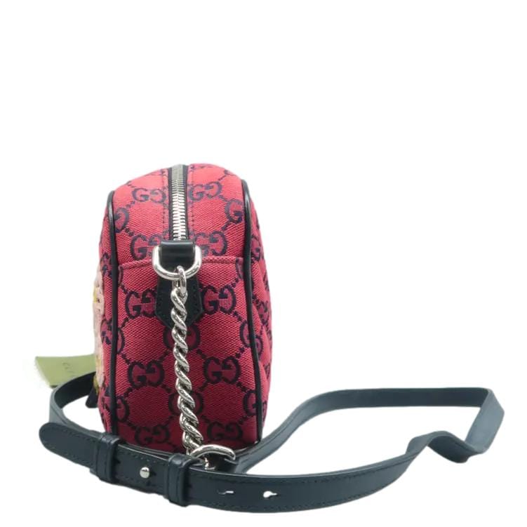 GUCCI GG Marmont Small Monogram Embroidered Diagonal Chain Shoulder Bag Red 447632