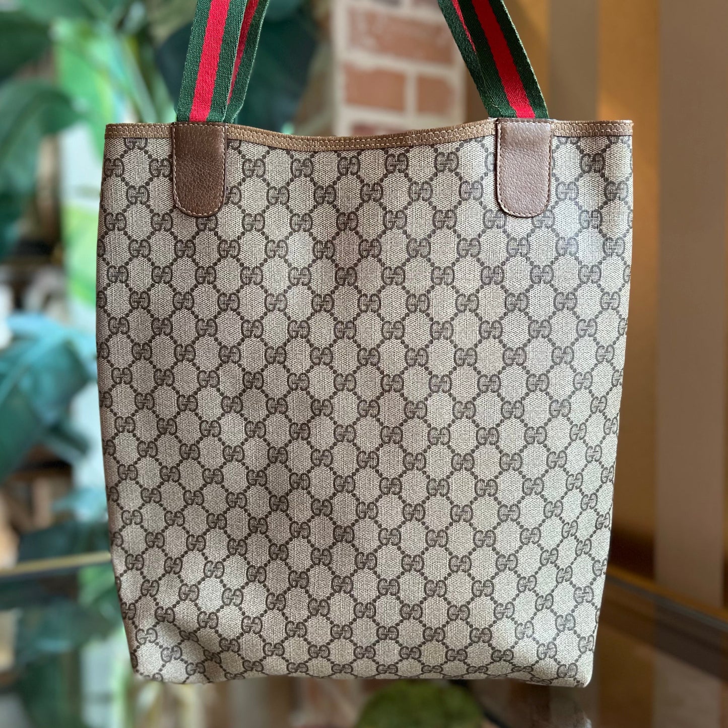 GUCCI Sherry Line Beige Brown GG Supreme Coated Canvas Vintage Web Tote Bag