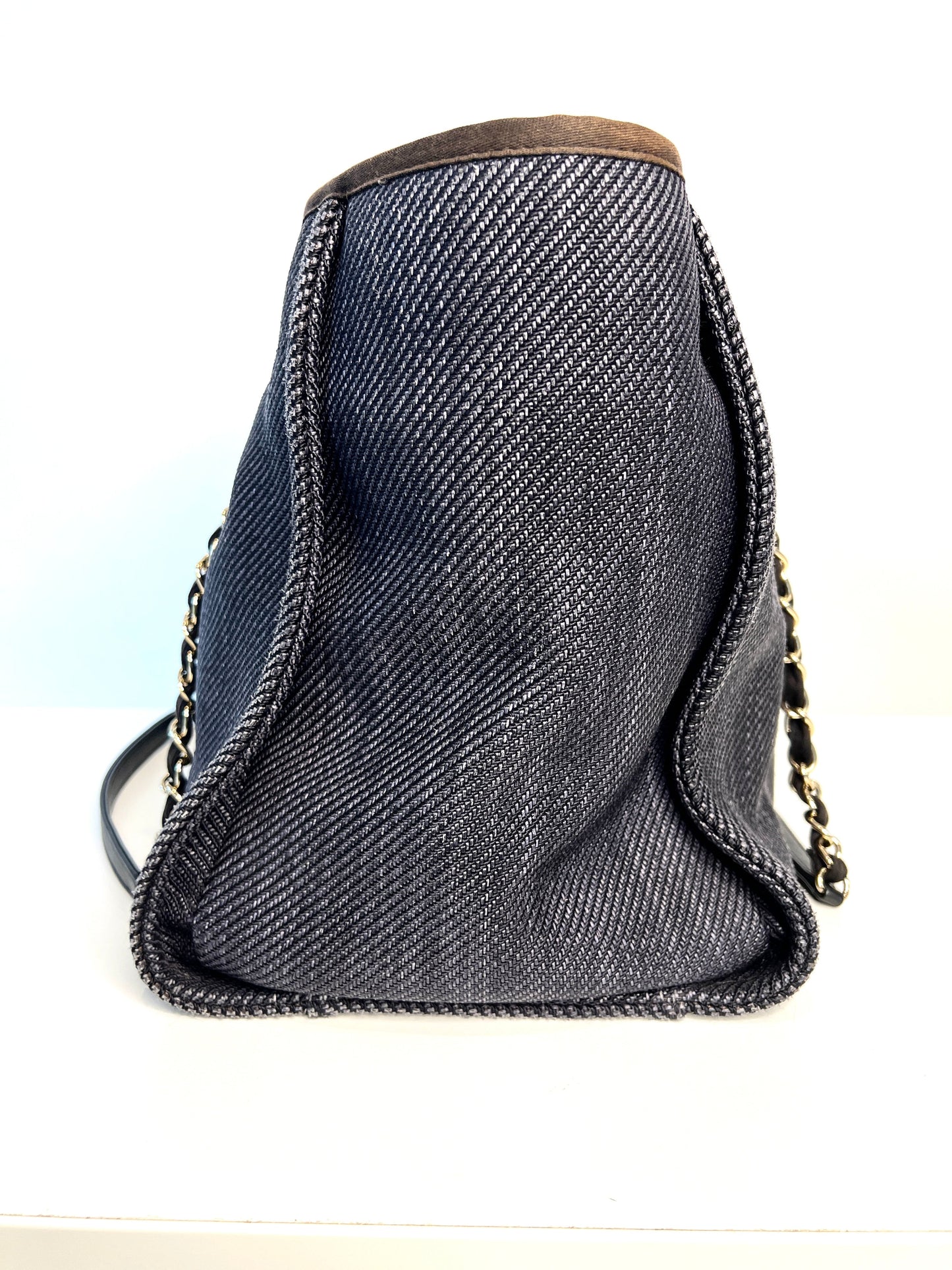 Chanel Deauville Medium Tote Navy Blue Denim Shopping Bag - Preloved