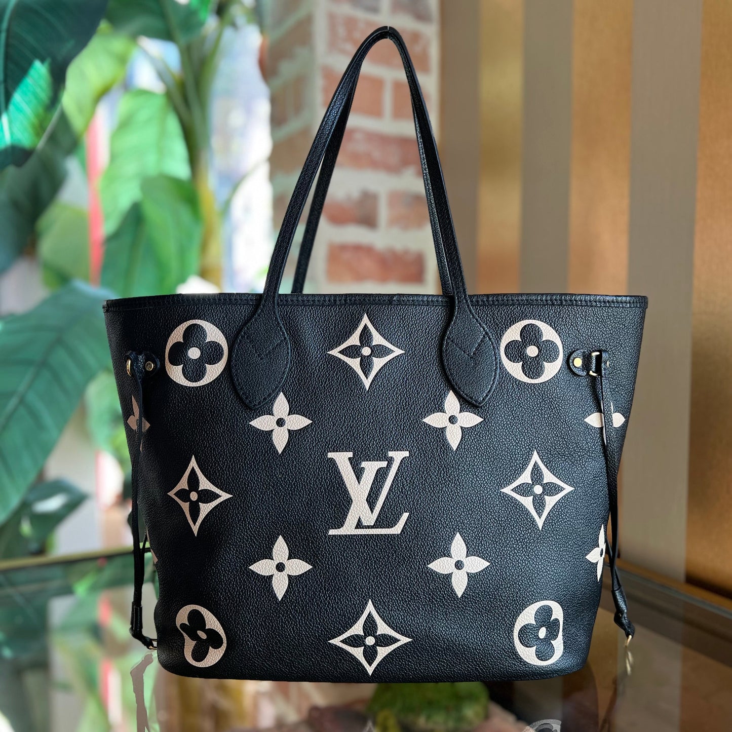 LOUIS VUITTON Neverfull MM Black Beige Empreinte Monogram Giant Tote Bag