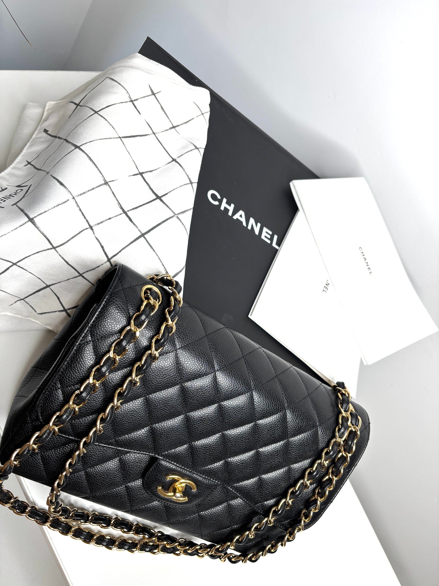 Chanel Jumbo Black Caviar Classic Double Flap Gold Hardware Shoulder Bag 2021 - Preloved