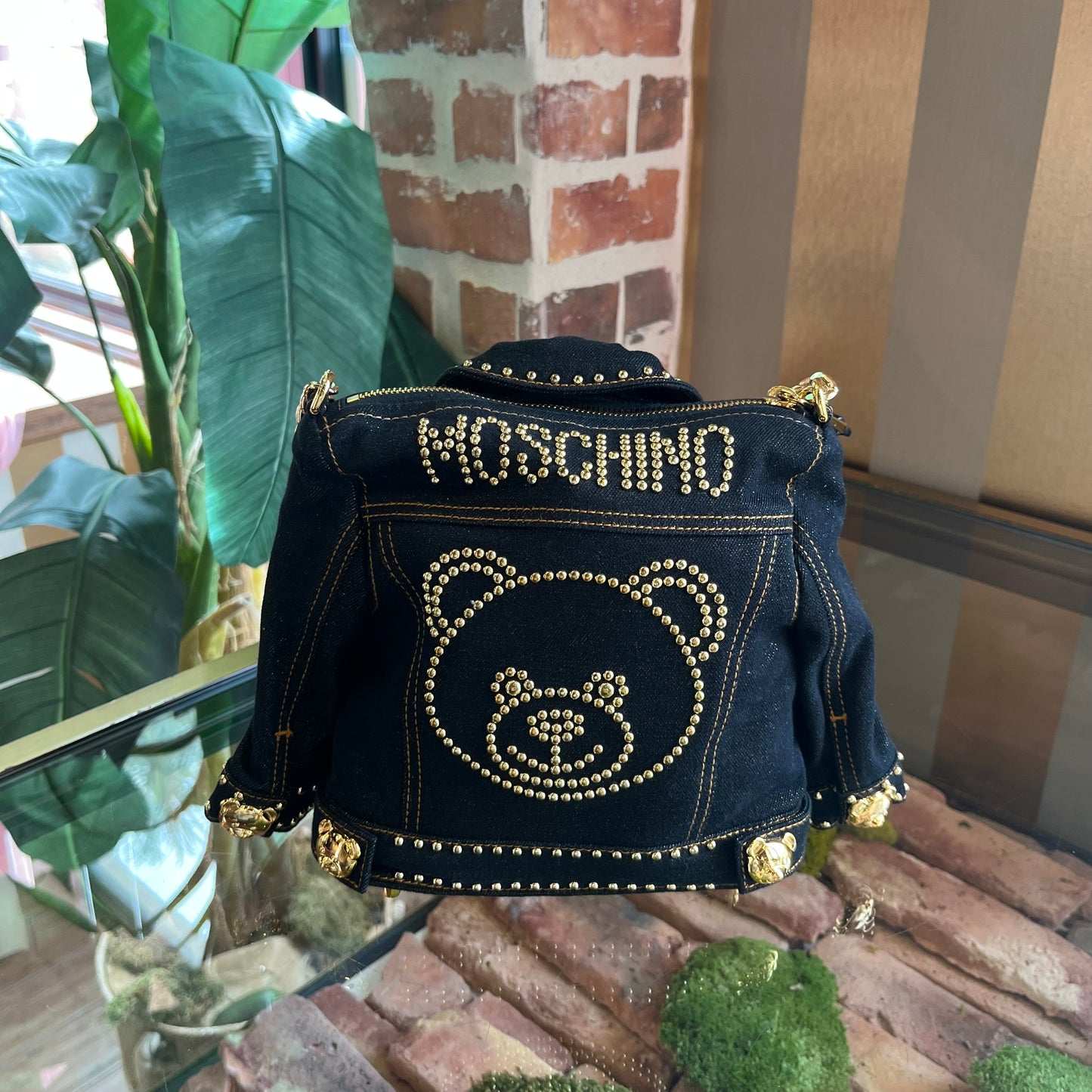 MOSCHINO Denim Jacket Gold Teddy Bear Shoulder Bag TS3906