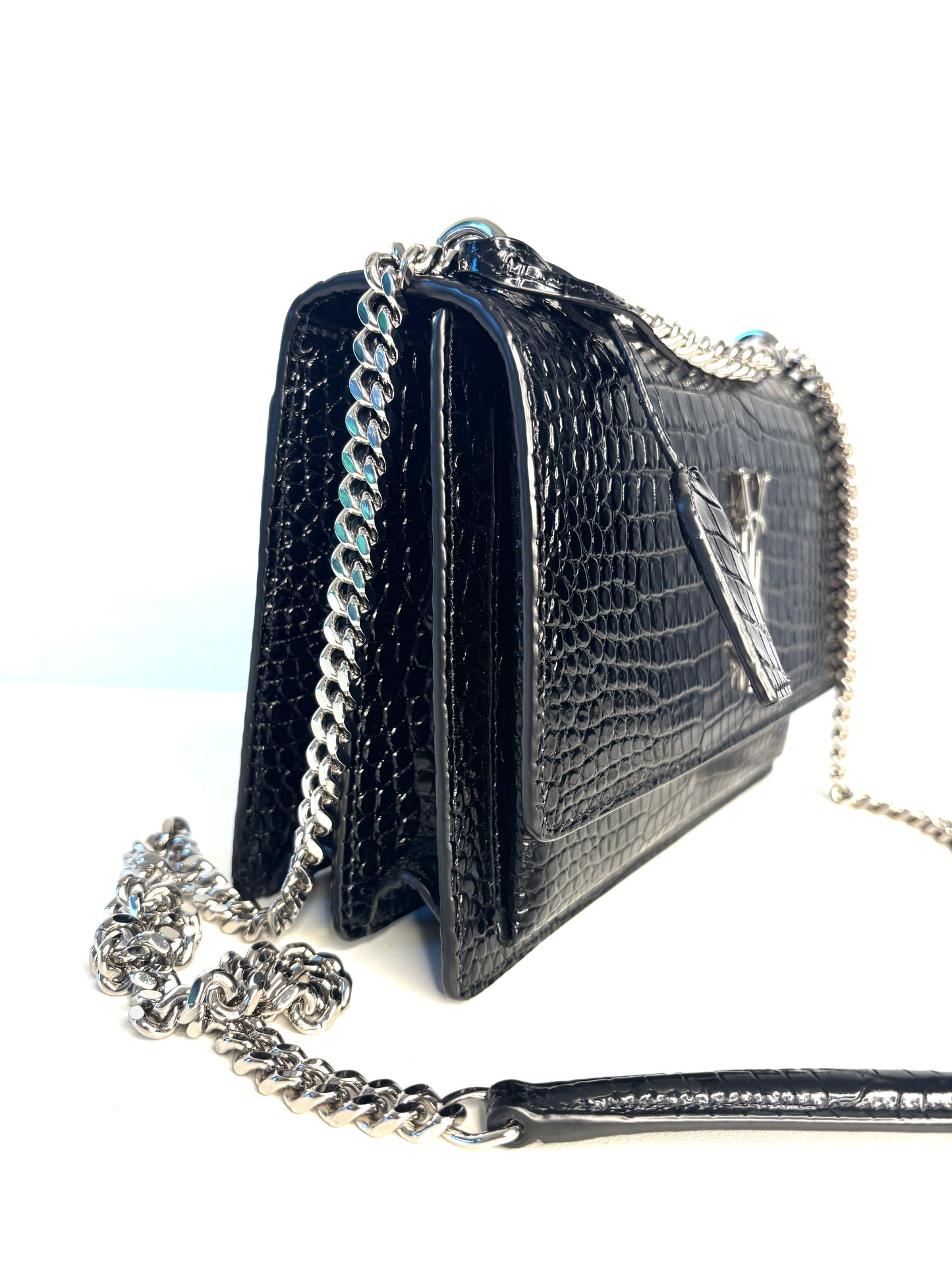 Saint Laurent Sunset Croc-Effect Black Medium Shoulder Bag - Preloved (Like New)