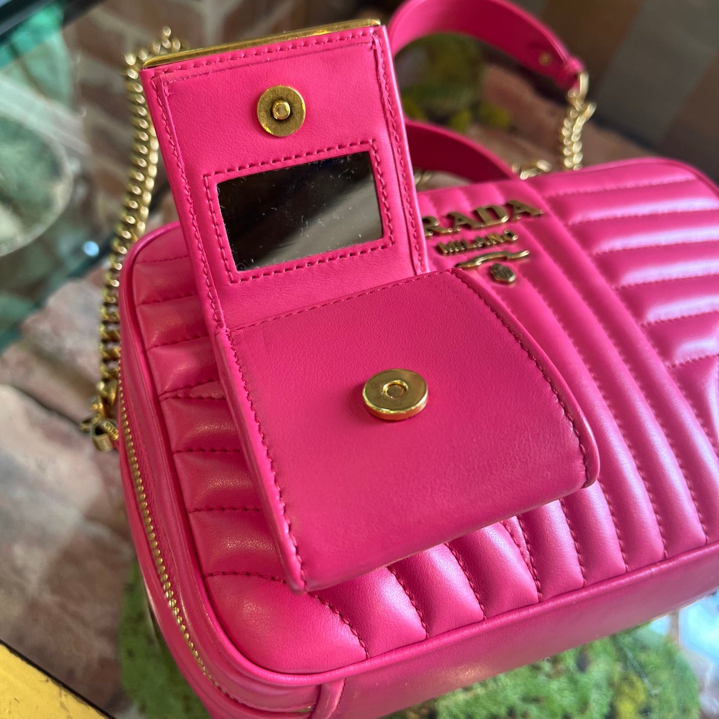 PRADA Diagramme Pink Leather Top Handle Shoulder Bag