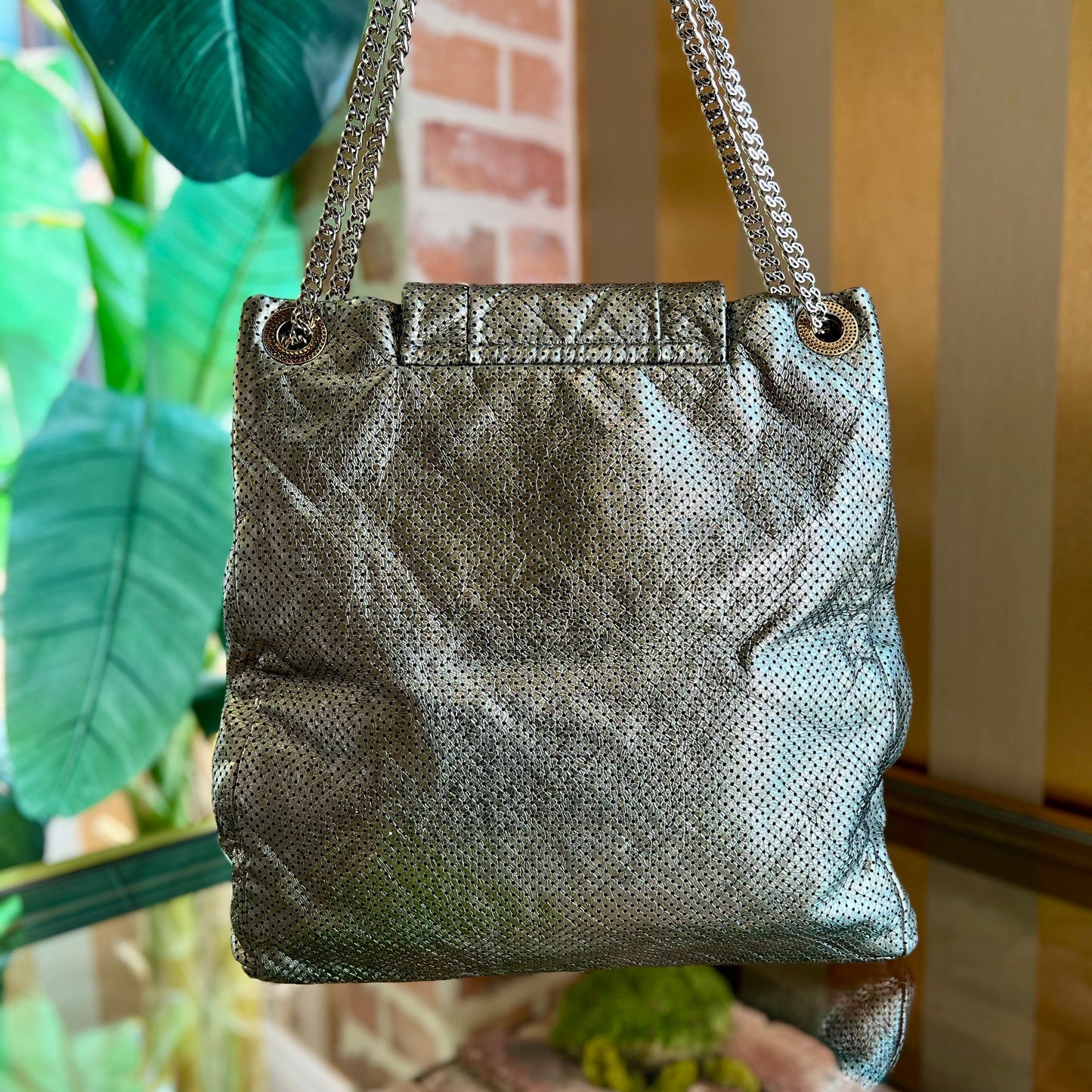 CHANEL Flap Large Silver Metallic Drill Perforated Crackled Calfskin Tote Bag TS3896