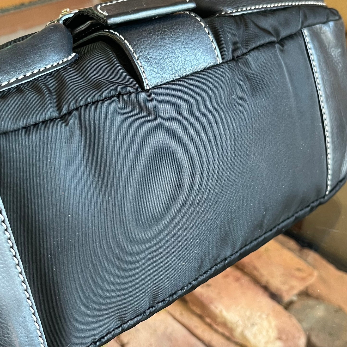 PRADA Black Nylon Soft Calfskin Vintage Buckle Shoulder Bag